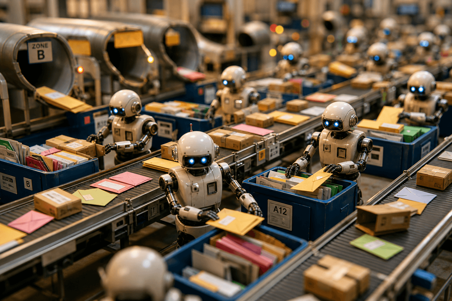 Tiny robots sorting mail in an automated facility with conveyor belts and mail bins