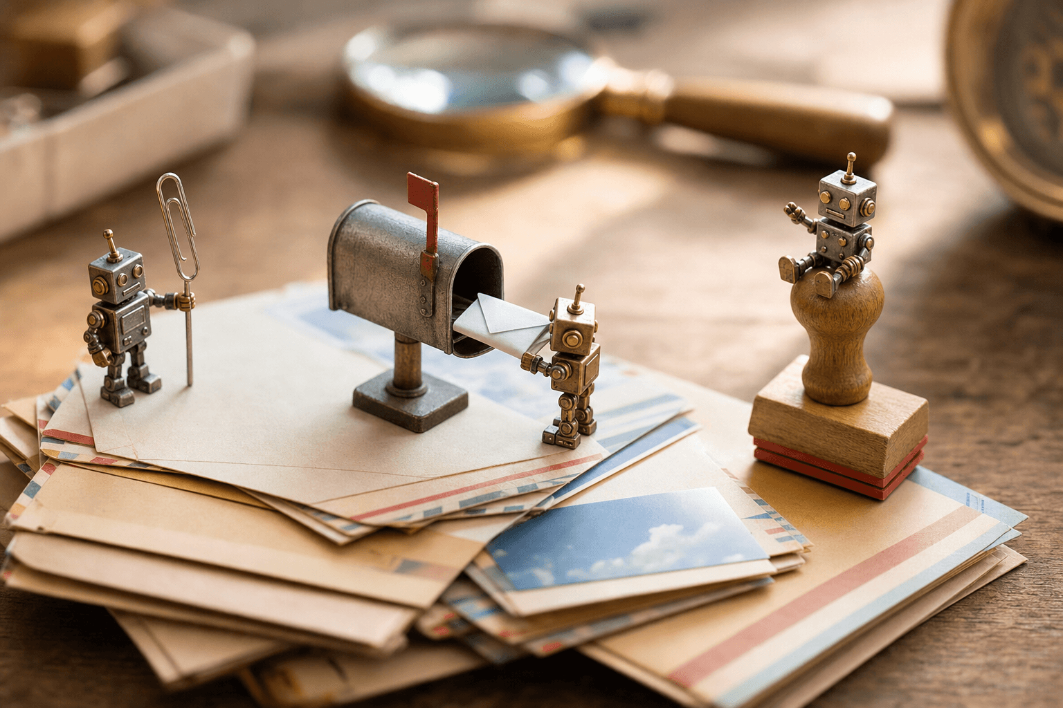 Tiny toy robots handling and mailing physical envelopes into a miniature mailbox on a wooden desk in warm light.