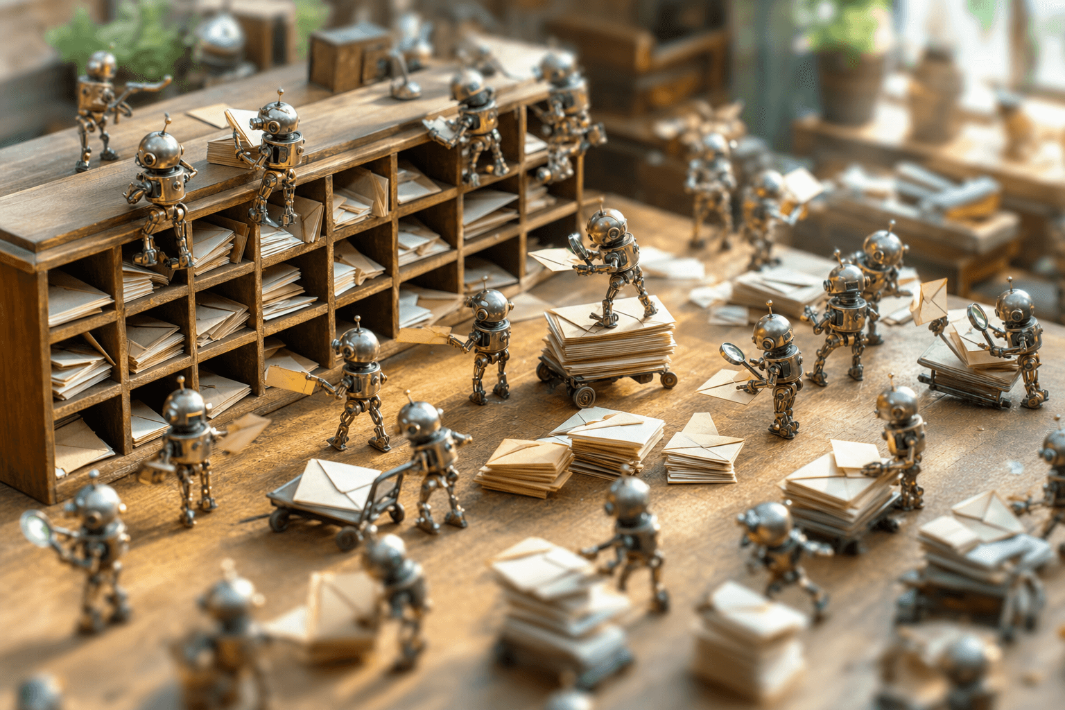 Tiny robots sorting paper envelopes into wooden cubbyholes on a sunlit workshop table