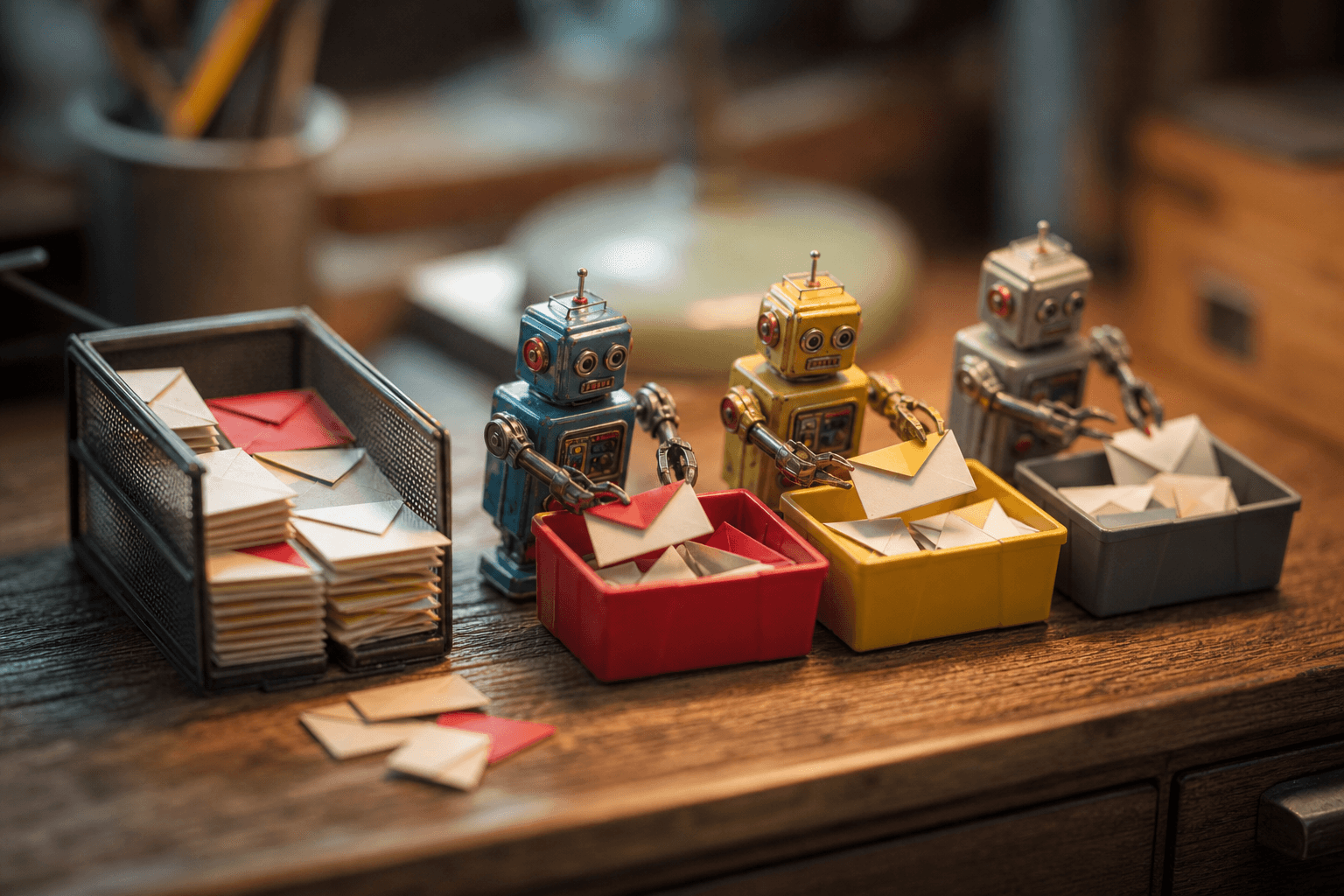 Tiny tin-toy robots sorting miniature paper envelopes into red, yellow, and gray bins on a desk.