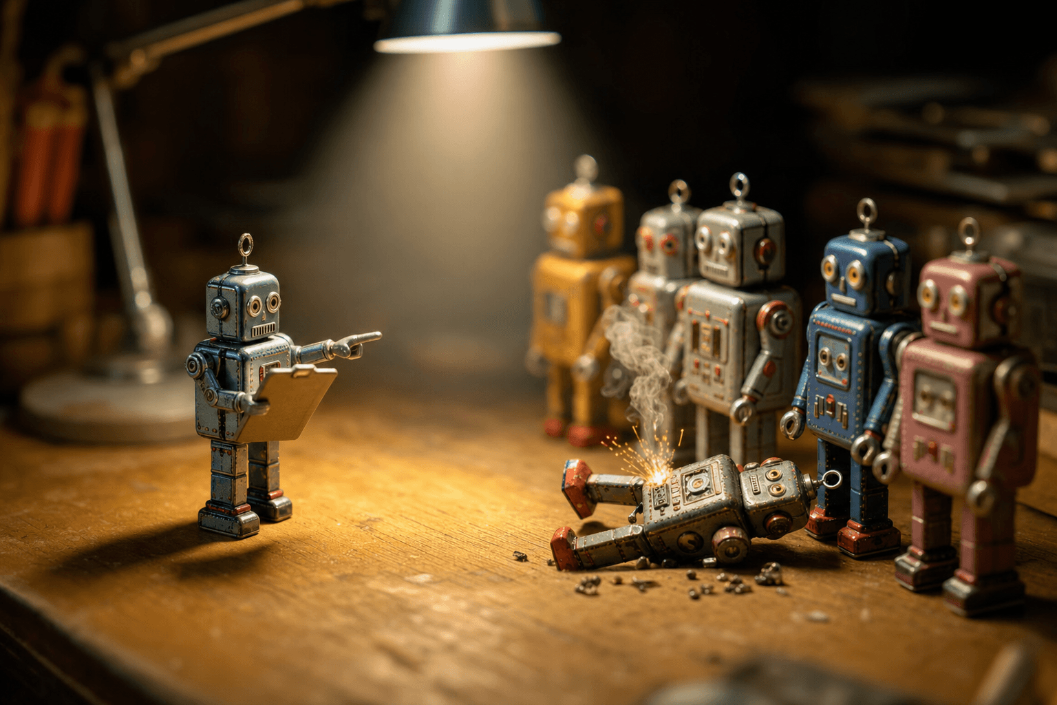 A tiny inspector robot with a clipboard examining a lineup of small robots, one fallen over and smoking.