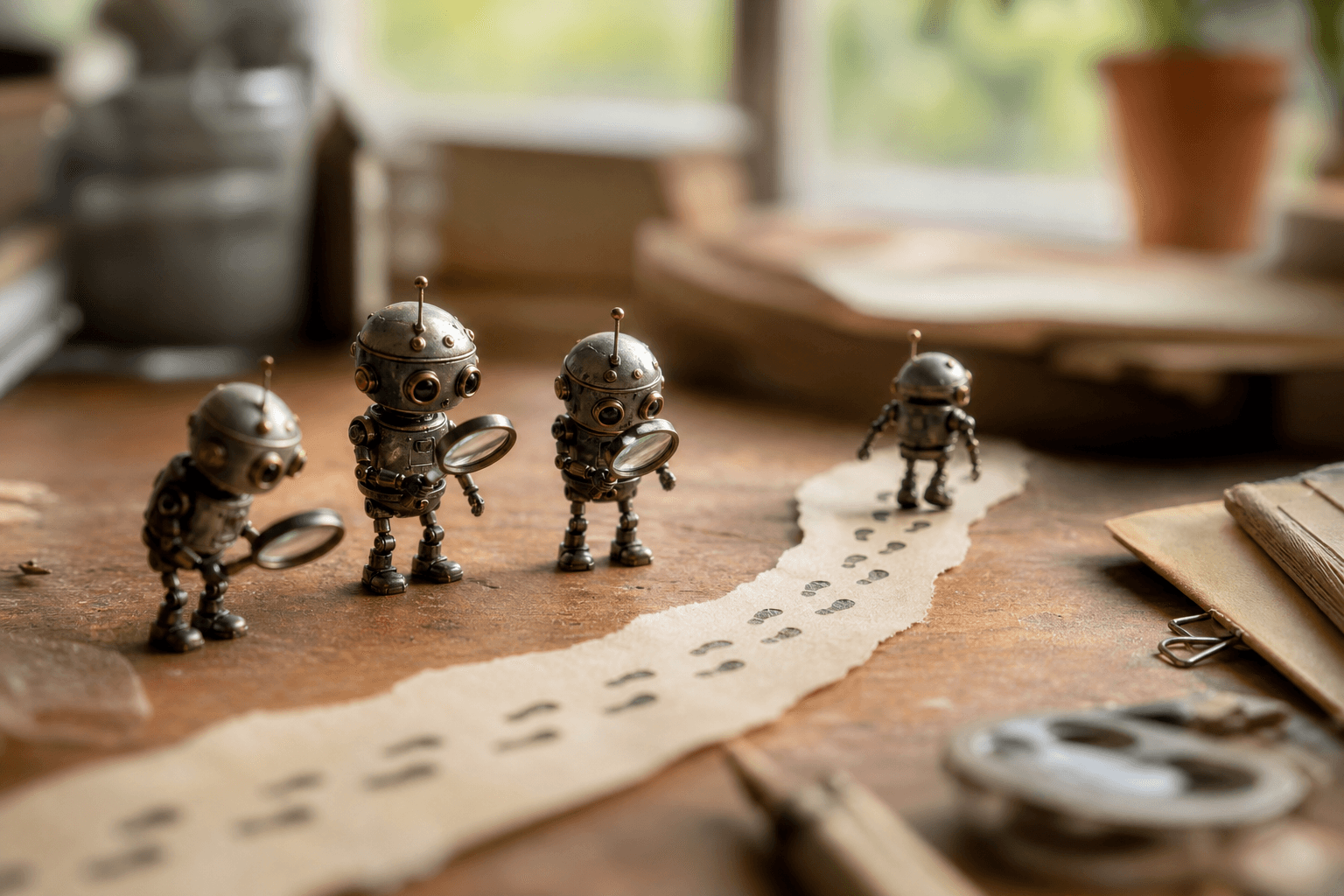 Tiny metal robots with magnifying glasses inspecting a paper trail of a fourth robot's footprints on a desk