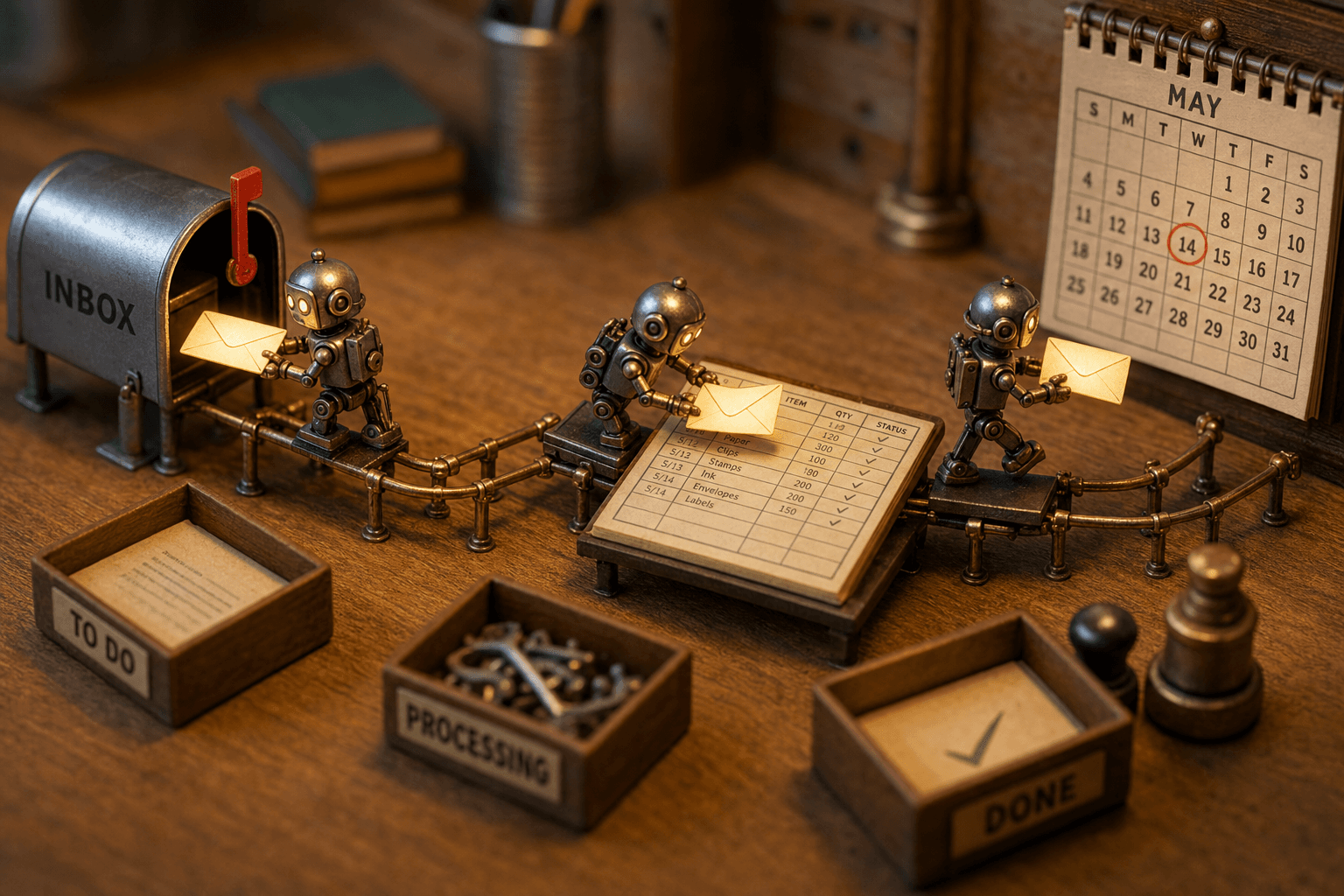 Tiny metal robots on a desk passing a glowing envelope along a brass rail past a mailbox, ledger, and calendar.