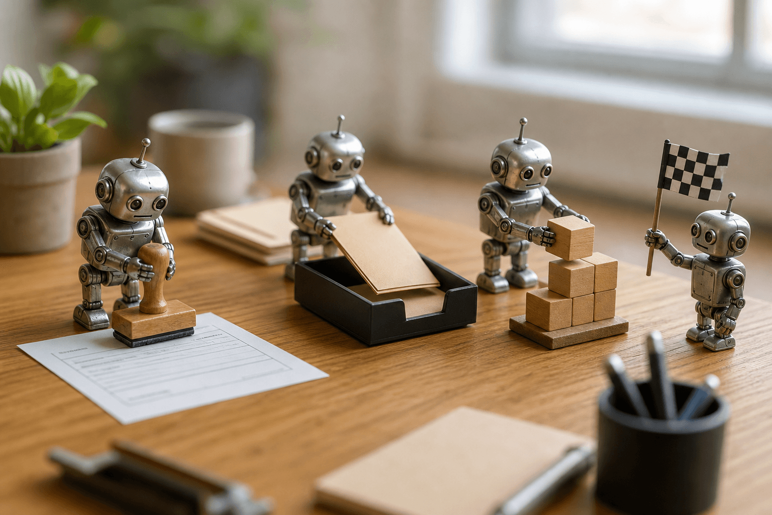 Tiny metal robots on a desk completing small tasks while a referee robot inspects their work with a flag.