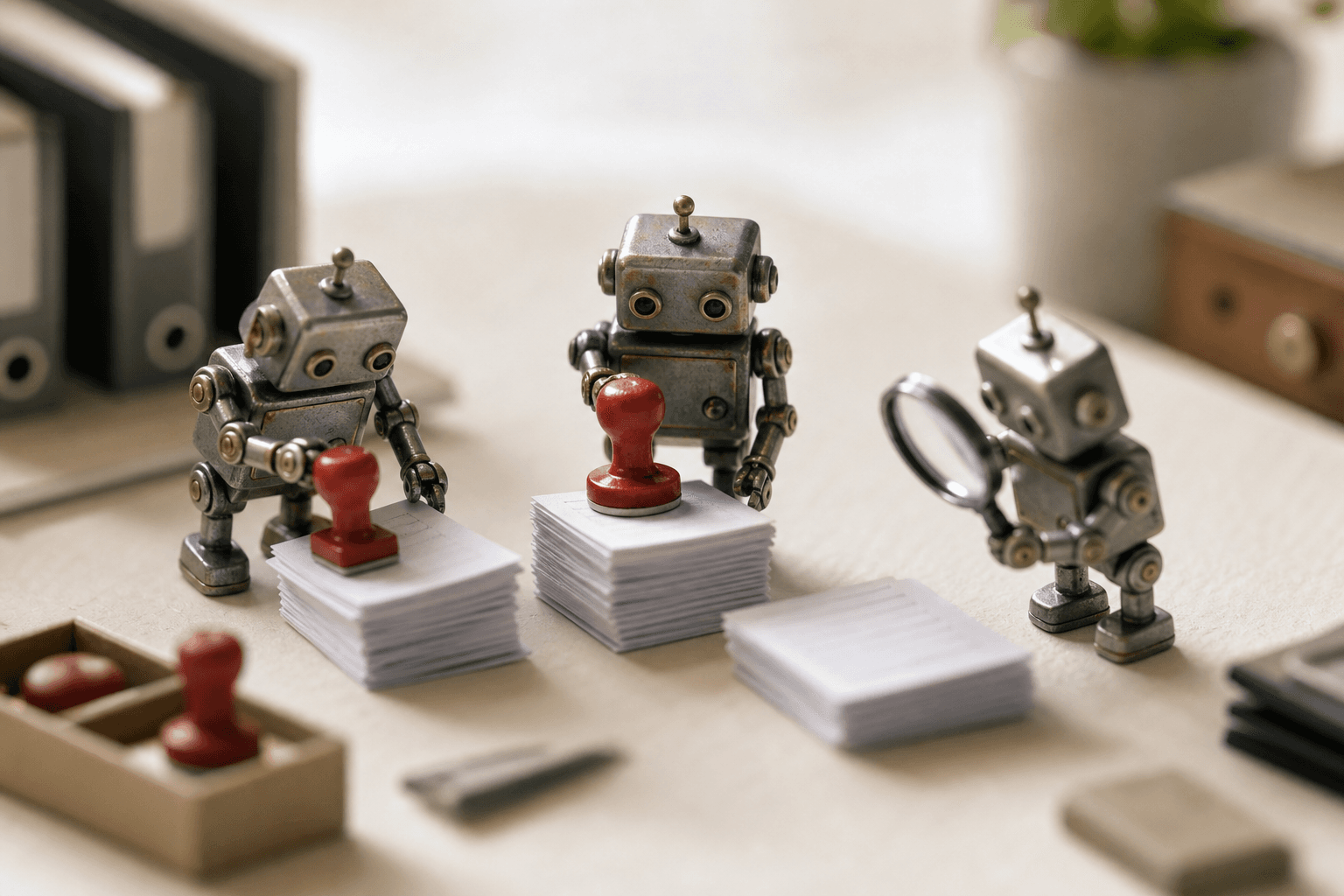 Tiny metal robots inspecting and stamping a stack of miniature documents on a white desk, one using a magnifying glass.
