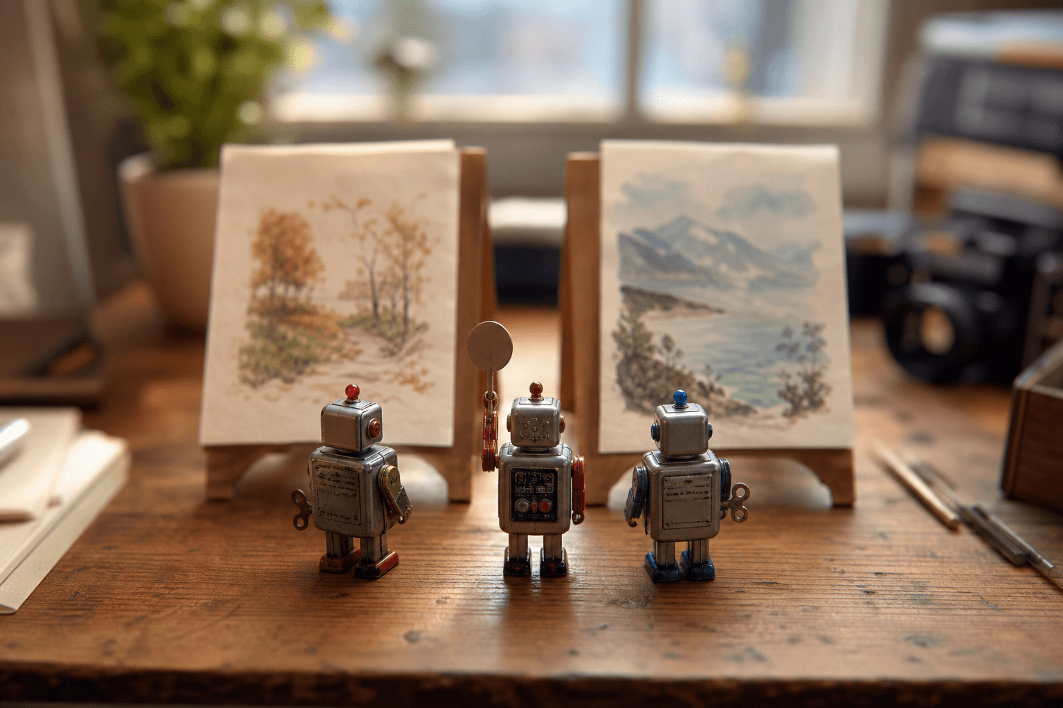 Three tiny metal robots on a desk judging between two blank propped-up paper documents.