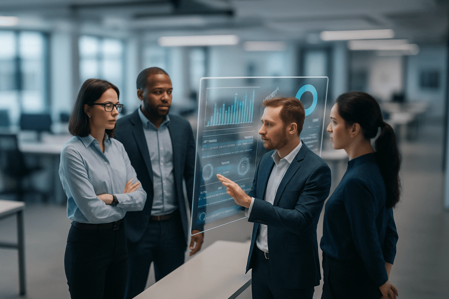 A professional in a modern, minimalist office environment reviewing digital data on a transparent screen.