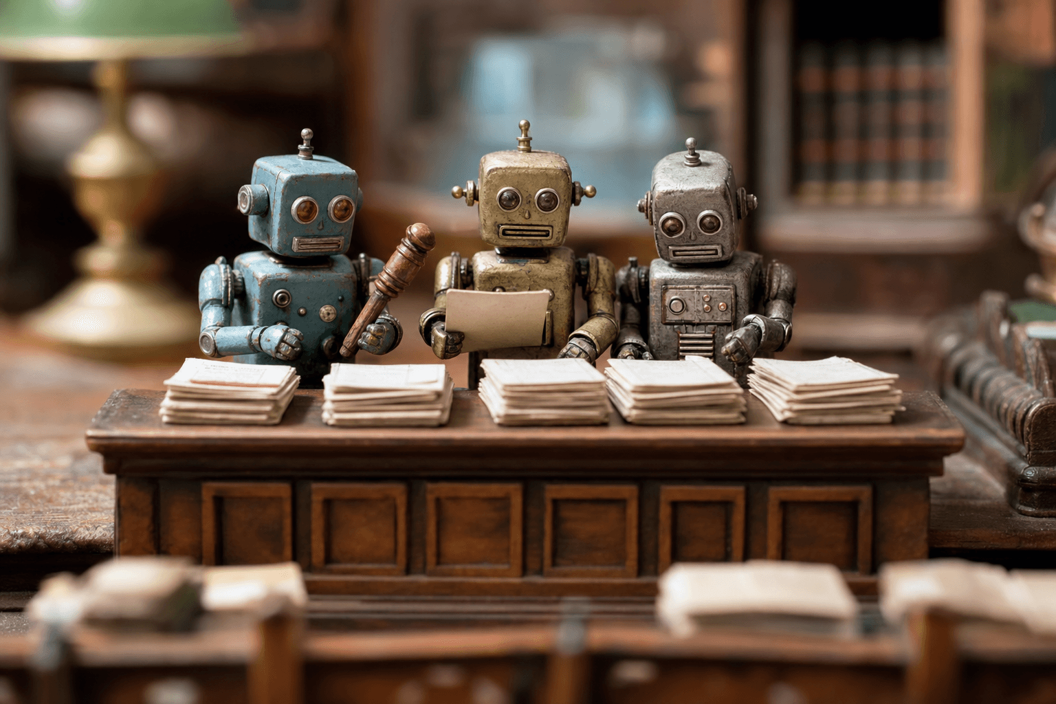 Tiny tin robots at a miniature judge's bench reviewing small stacks of paper documents on a desk.