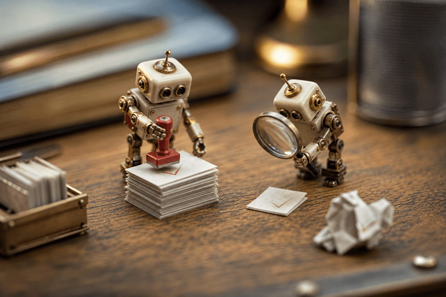 Two tiny robots on a desk, one stamping small paper cards and one inspecting a card with a magnifying glass