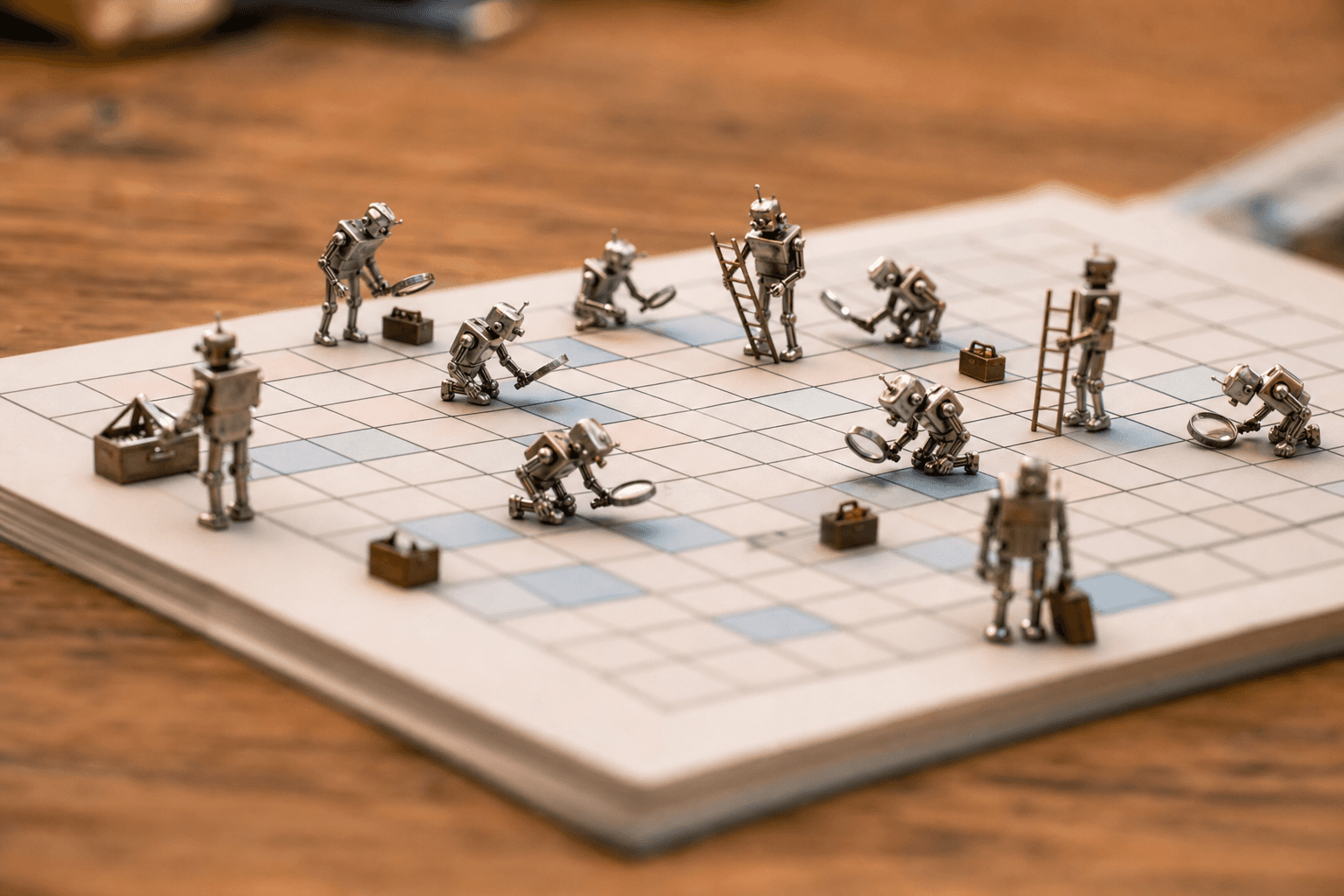 Tiny metal robots with magnifying glasses inspecting cells on a paper grid laid across a wooden desk