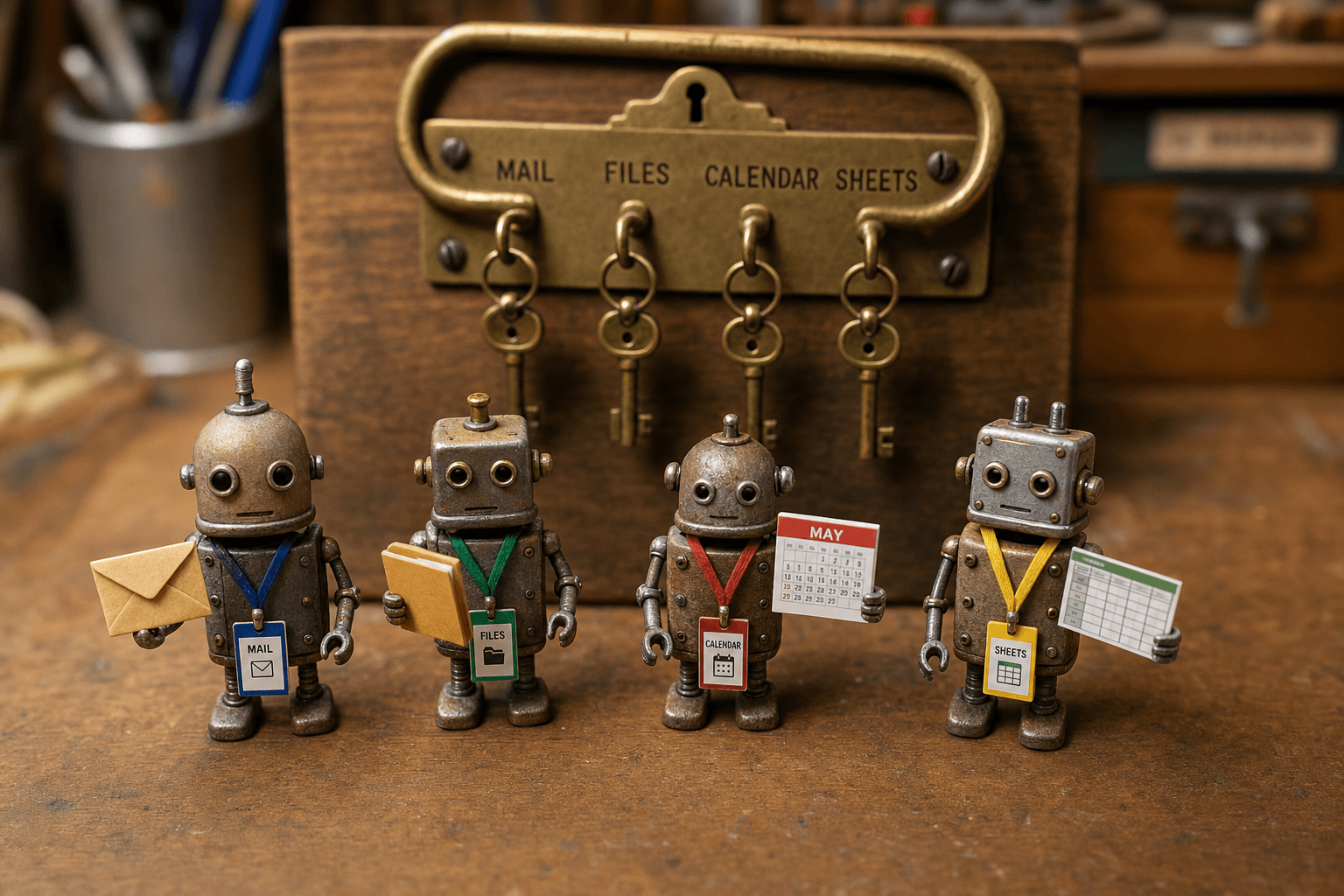 Tiny robots on a workbench, each wearing a badge and holding one tool, beside a ring of separate keys.