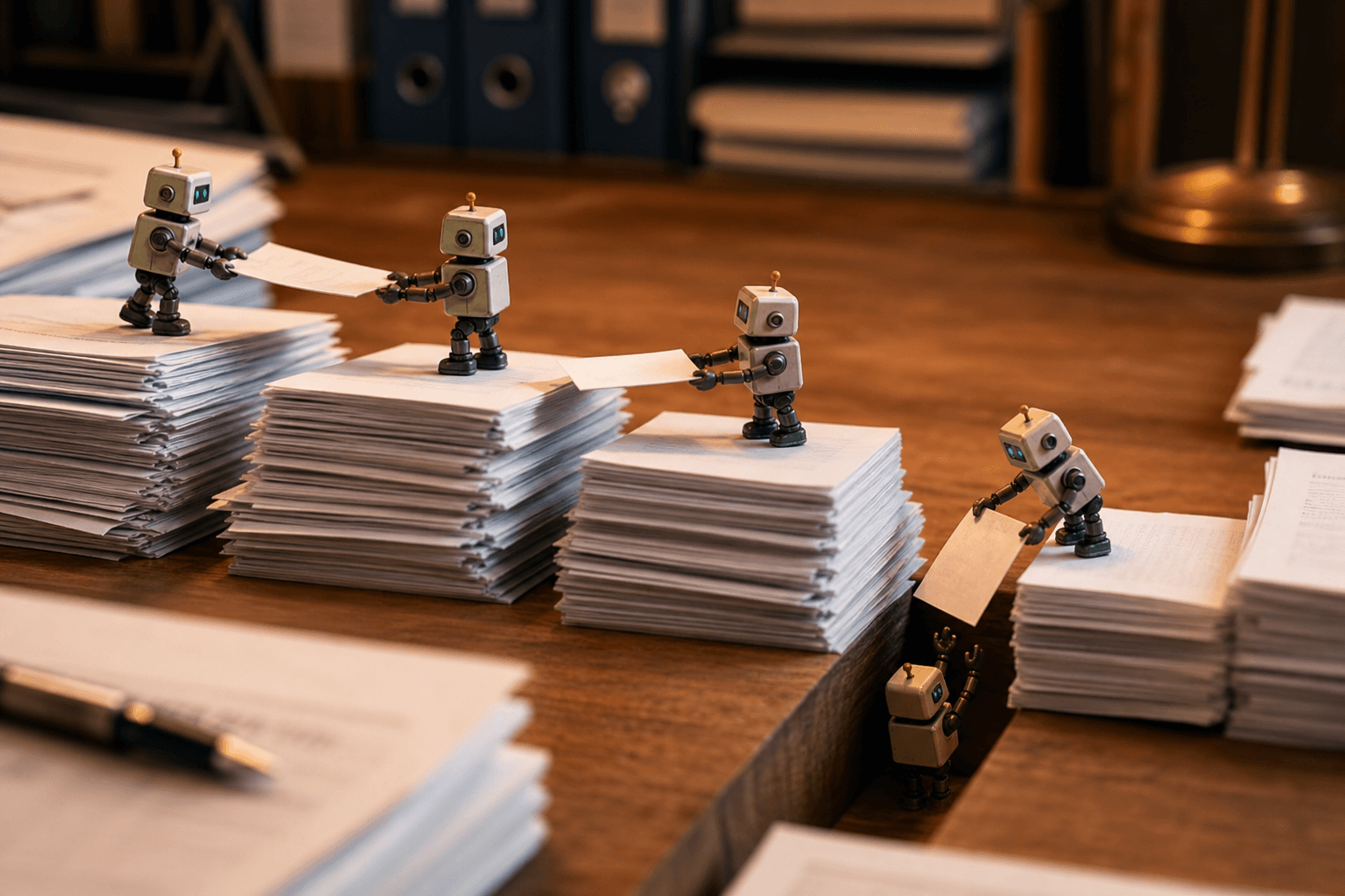 Tiny toy robots on separate document stacks passing a paper across gaps, one dropping it between them.