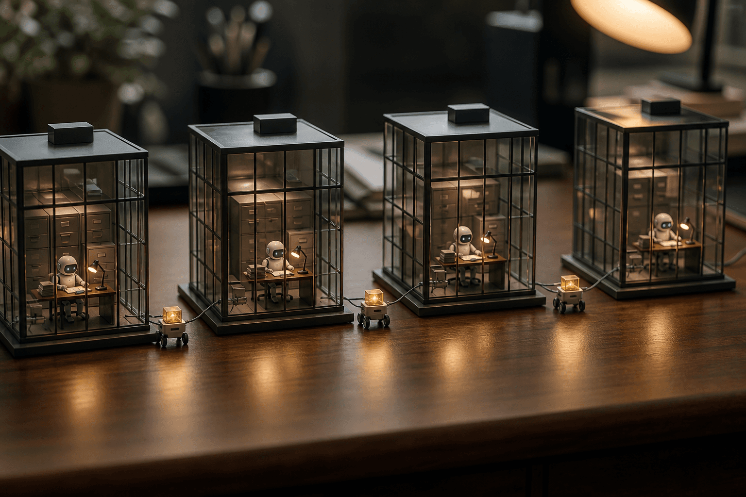 Miniature glass buildings on a desk, each holding a tiny robot at work, with courier robots carrying sealed briefcases b