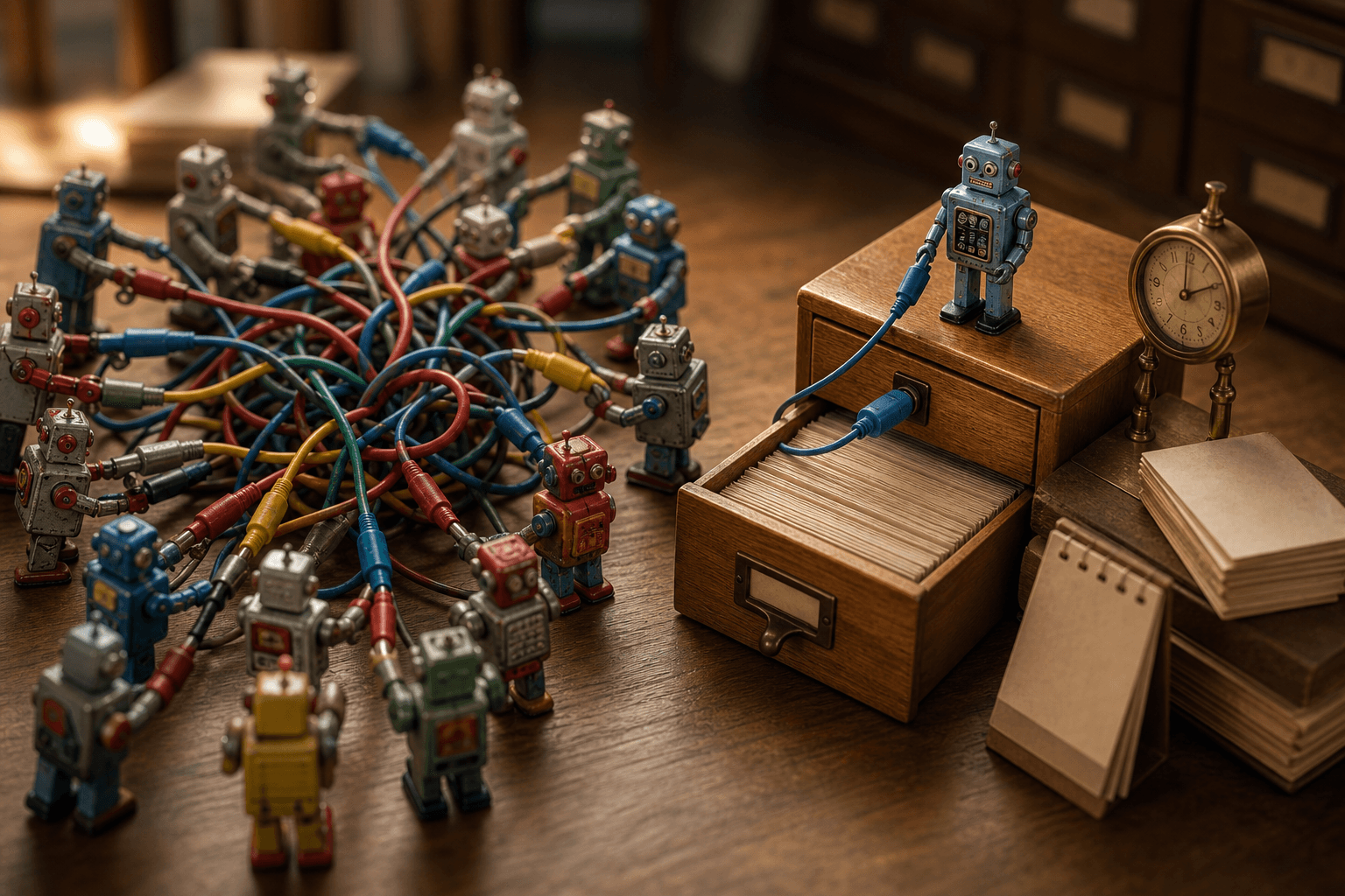 Tangle of tiny tin robots pulling messy cables beside one calm robot plugged into a tidy card-catalog drawer