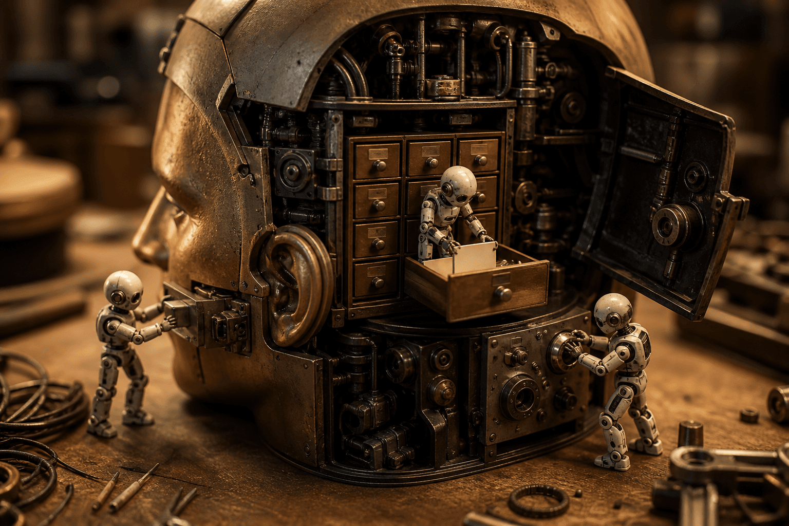 Tiny robots service a giant brass head-shaped machine, inserting a cartridge, swapping a card, turning a dial.