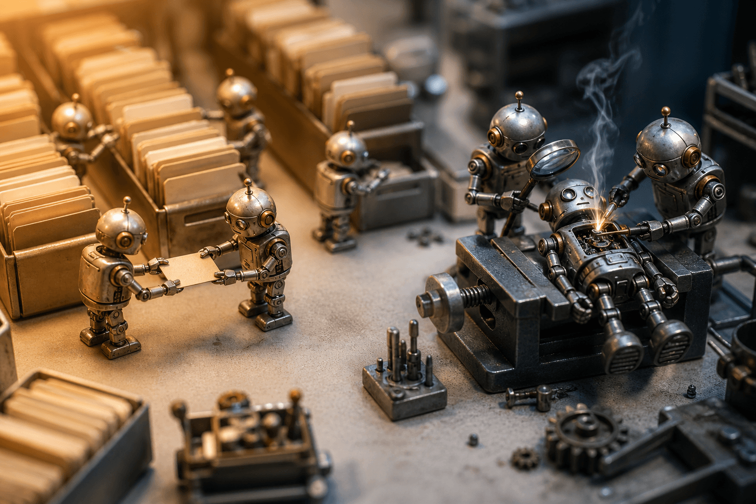 Tiny robots sorting miniature file cards on the left; on the right, robots soldering a disassembled robot in a vise.