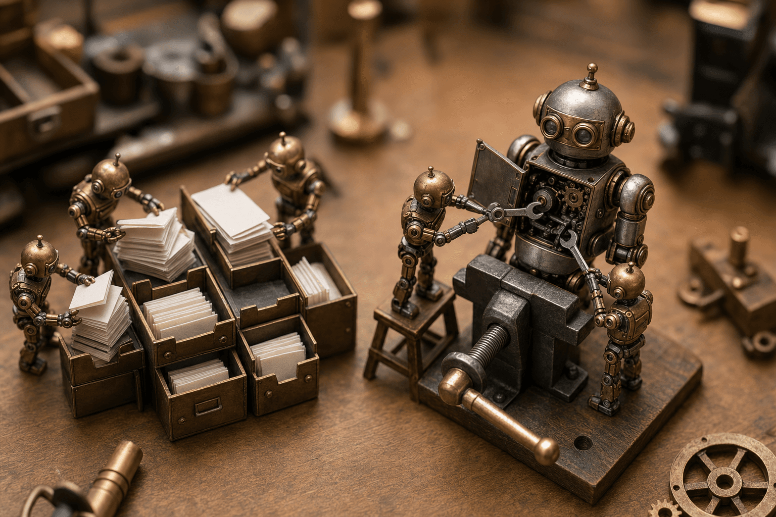Tiny brass robots sorting miniature documents while others tune the gears of a larger robot in a vise on a workbench.