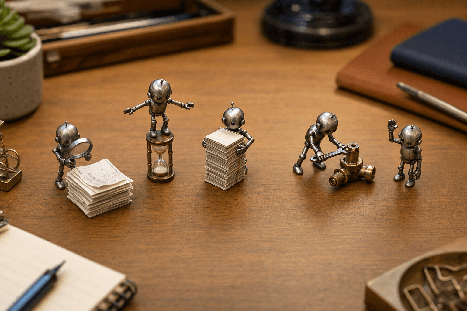 Five tiny metal robots on a desk each doing a task: magnifying receipts, on an hourglass, holding papers, turning a valv