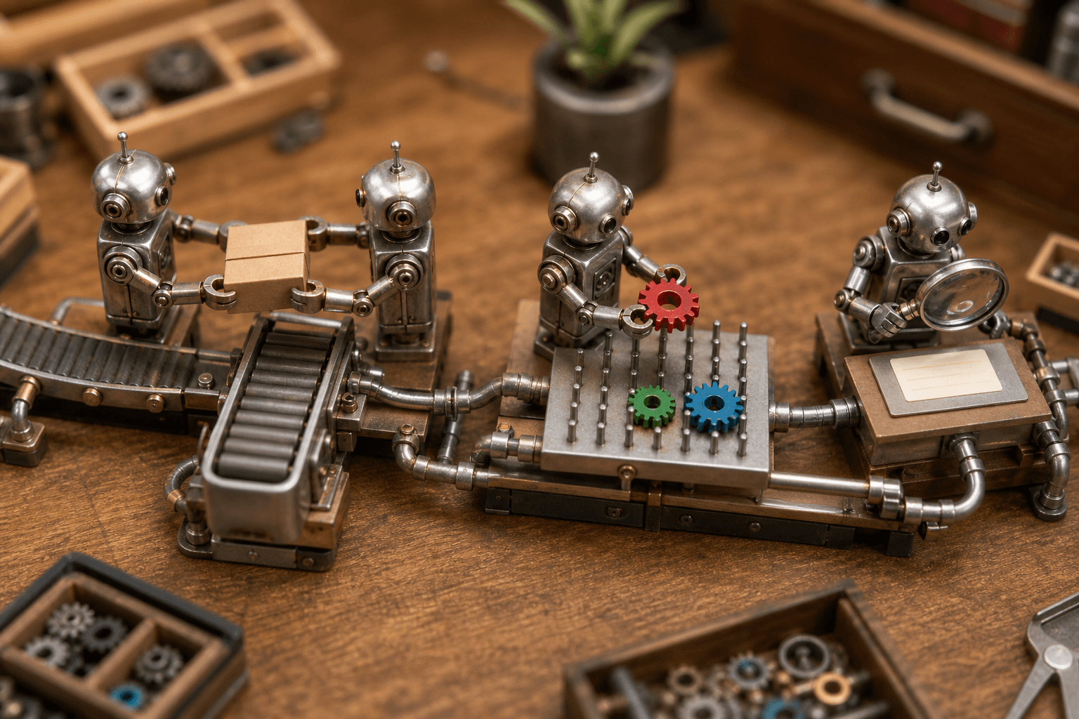 Tiny metal robots on a wooden workbench passing parcels and gears along a small connected assembly line.