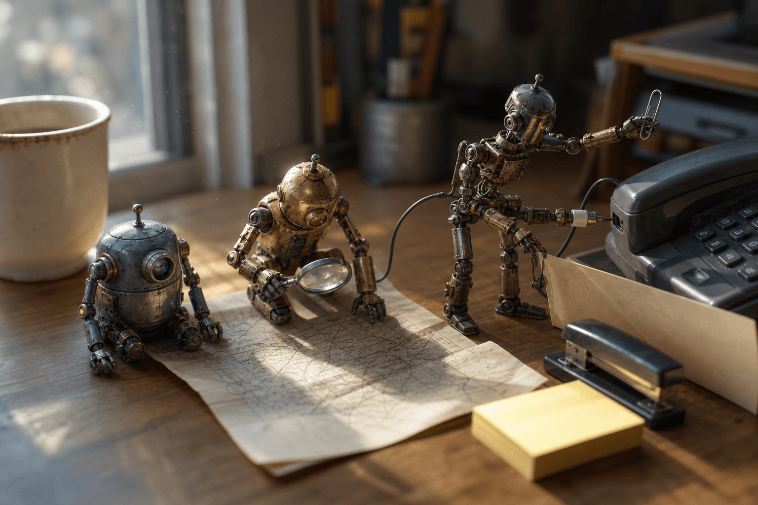 Three tiny handmade robots on a desk: one idle, one studying a map, one plugging in a cable and lifting objects