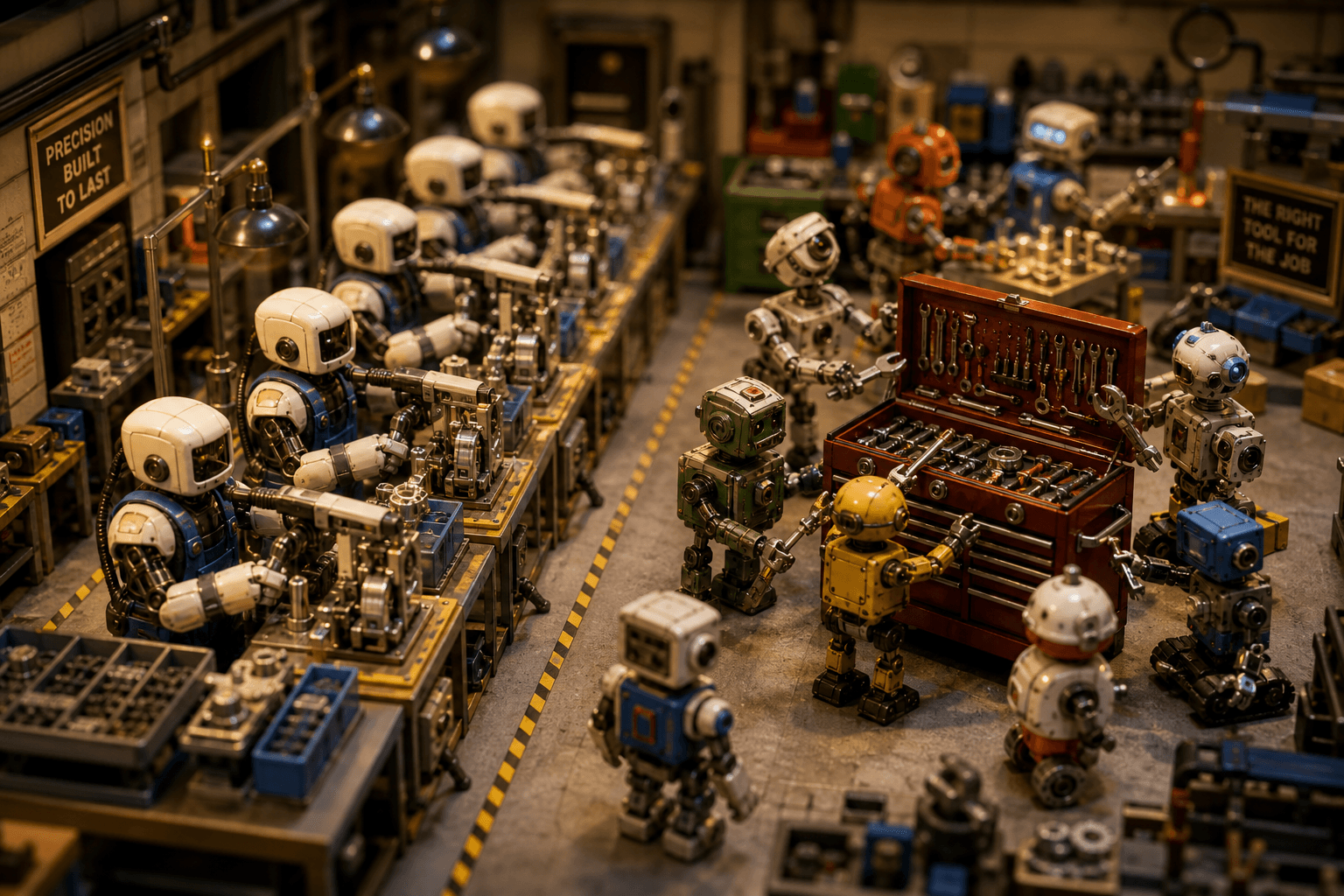 Tiny robots in a workshop, some with built-in tools working on an assembly line, others selecting from a shared toolbox