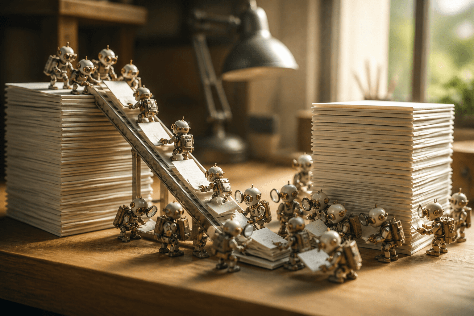 Tiny robots push papers off one stack while other tiny robots inspect each sheet into an equally tall second stack