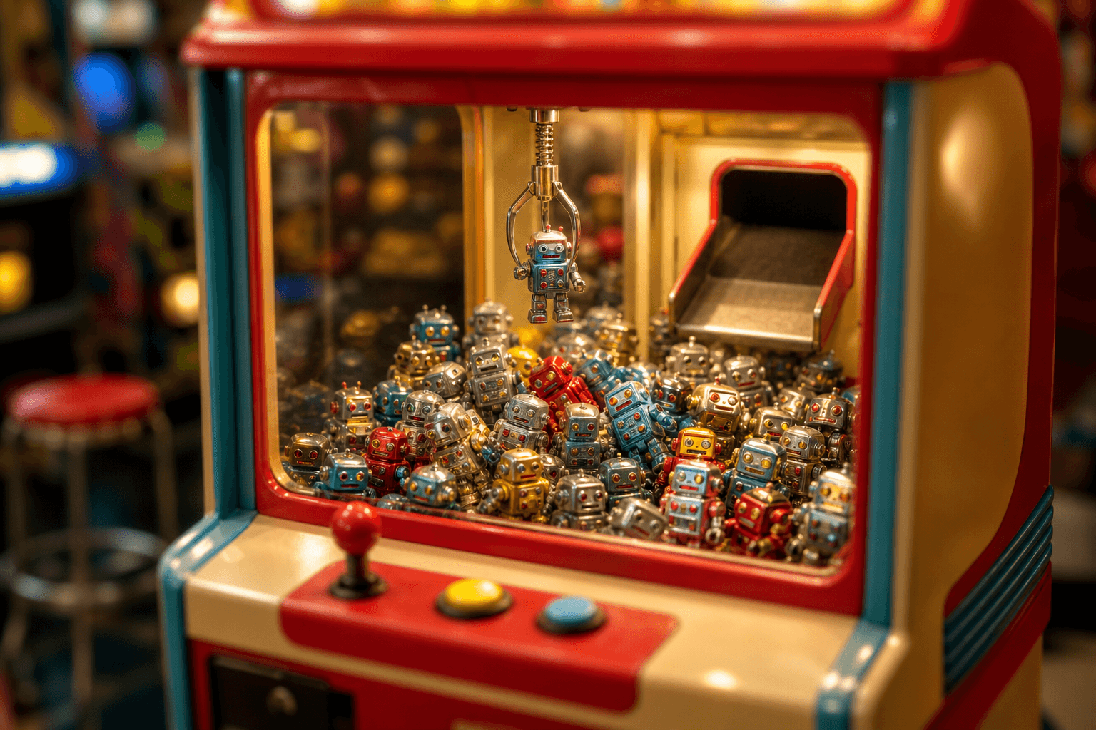A claw machine full of tiny robots, with a mechanical claw lifting one small robot toward the prize chute.