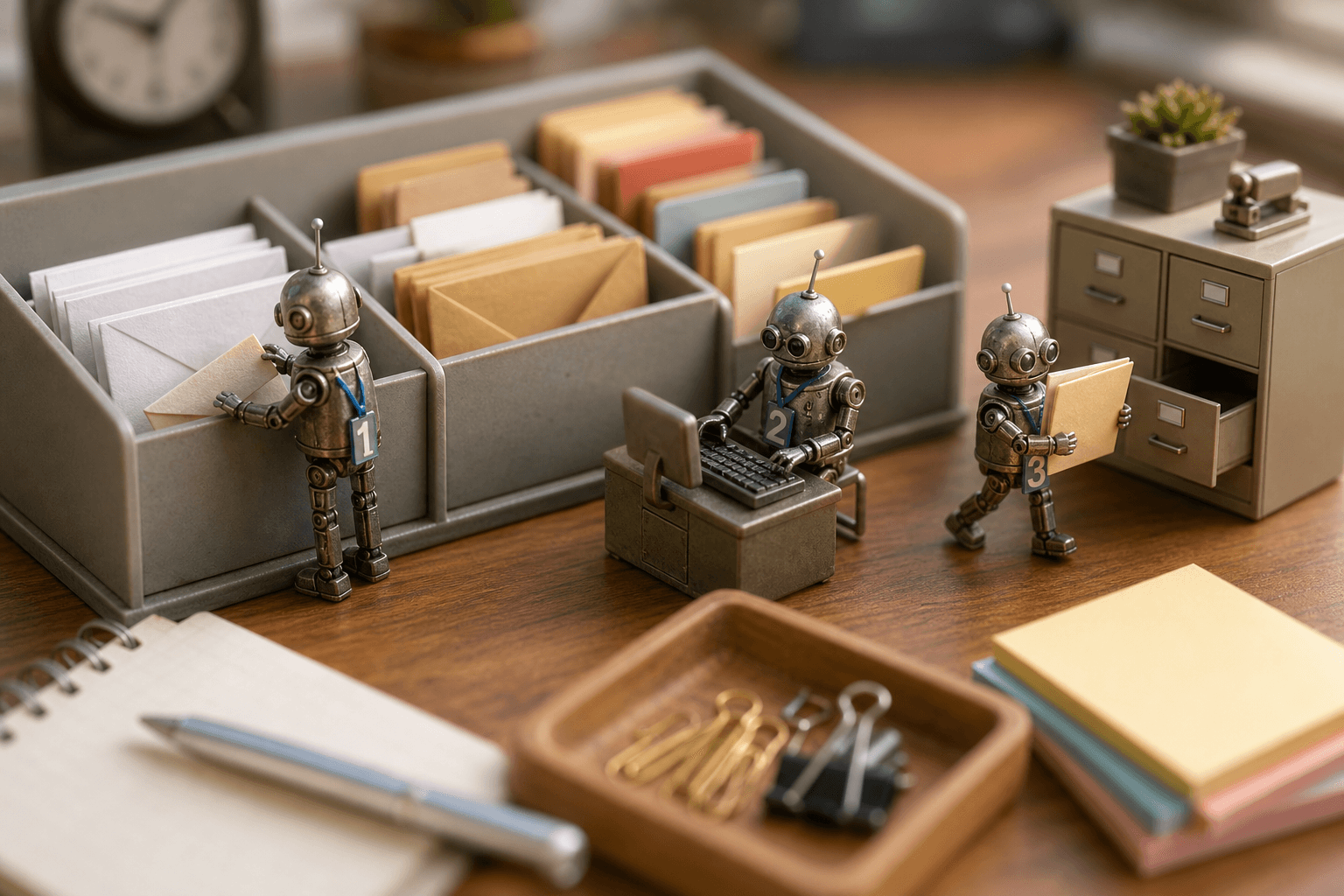 Three tiny robots sorting envelopes, typing, and carrying a folder to a miniature filing cabinet on a desk.