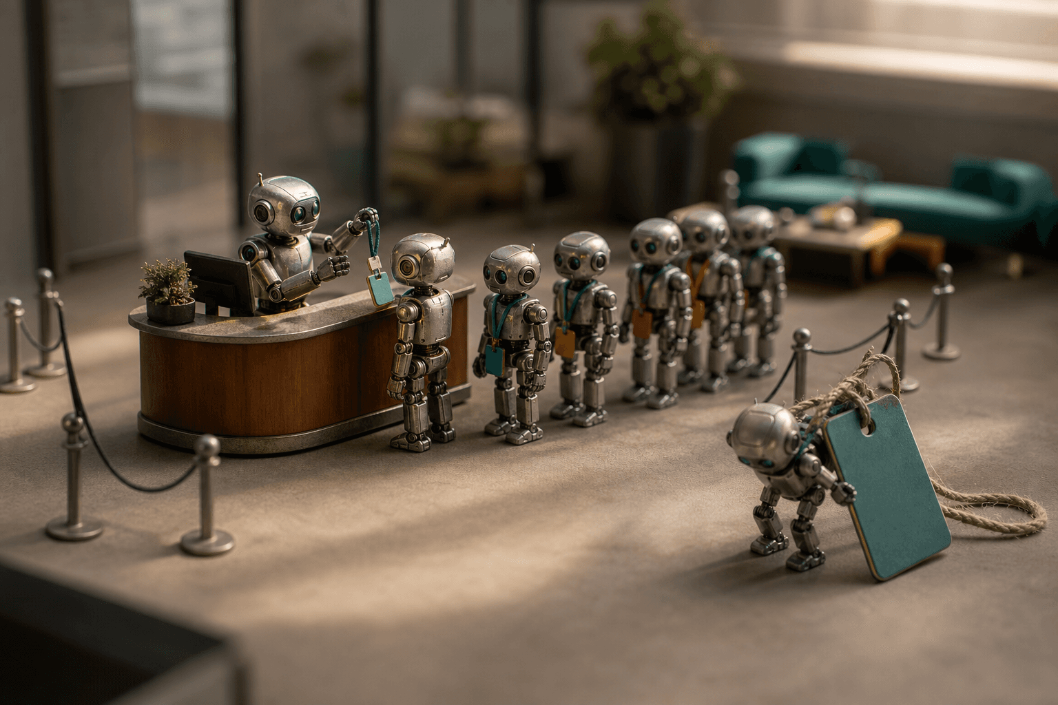 Tiny robots queue at a miniature reception desk for blank ID badges while one lugs an oversized human keycard.