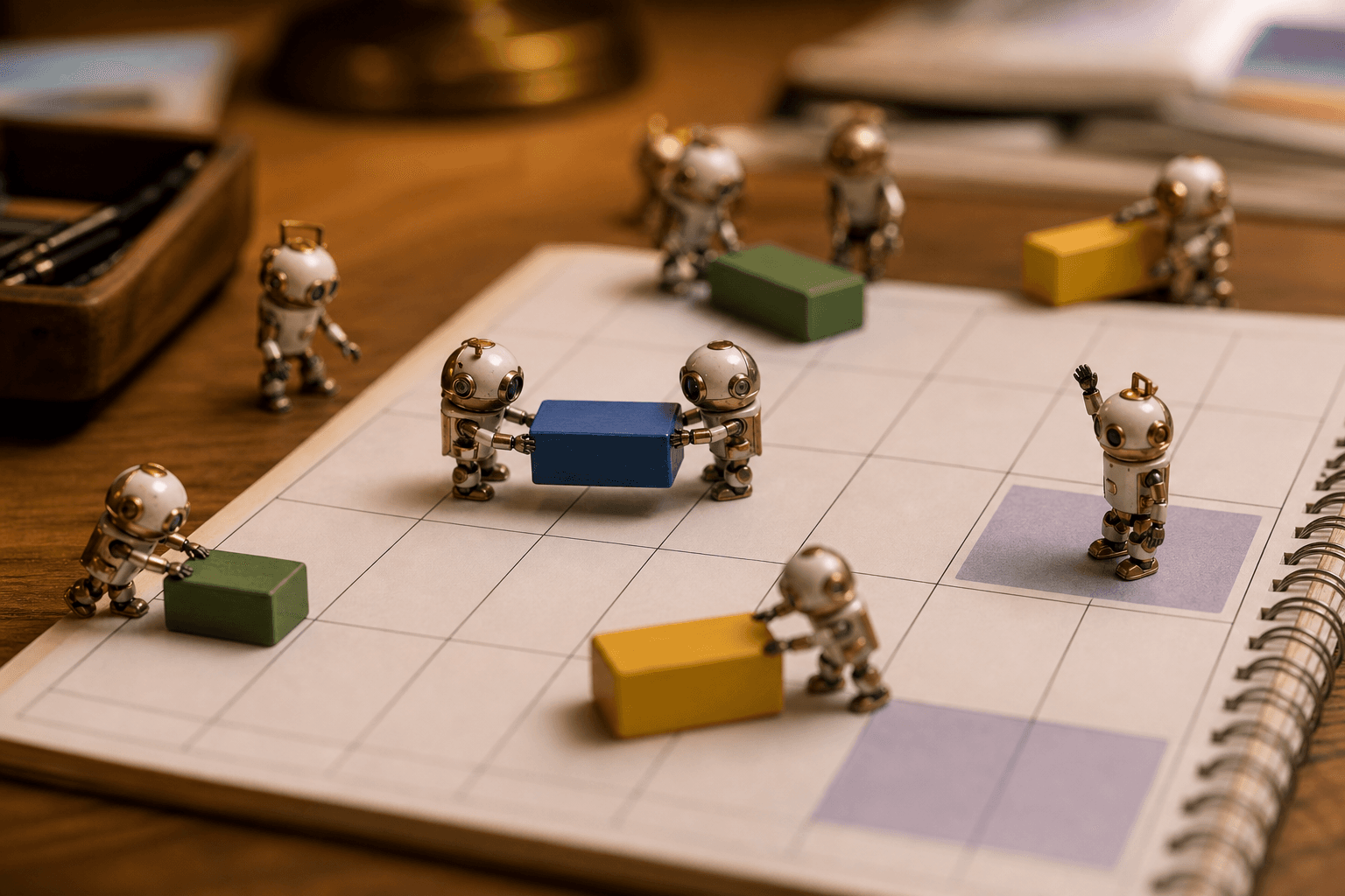 Tiny robots on a physical desk calendar moving colored blocks, two bargaining while one guards a shaded square