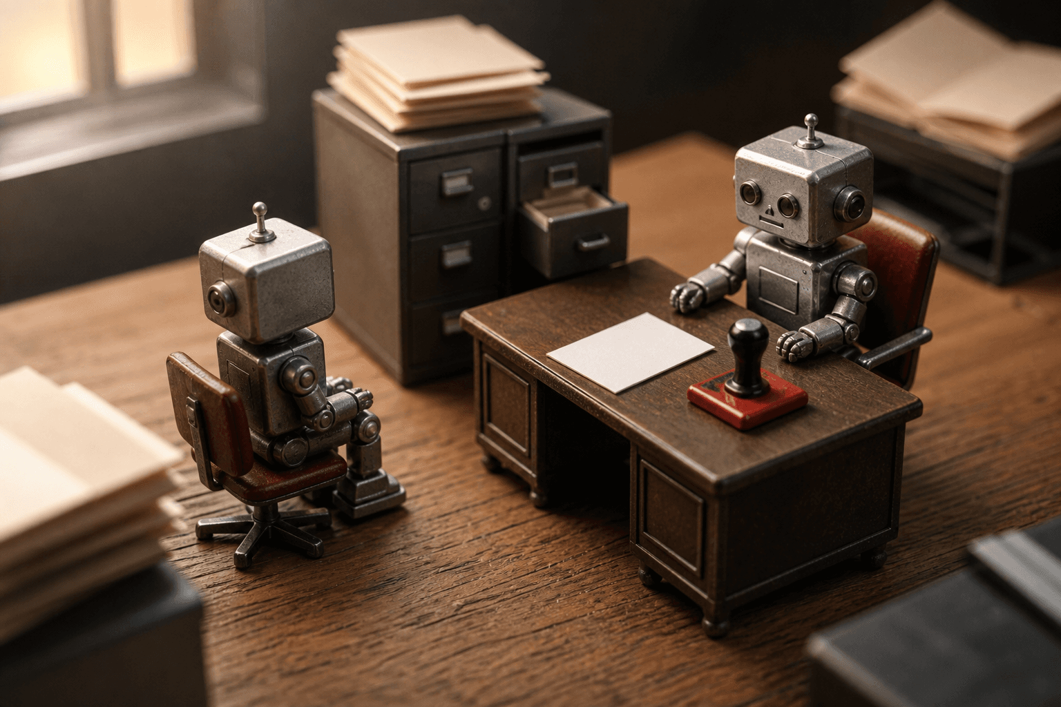 Two tiny robots in a miniature office job interview with a blank contract, rubber stamp, and small filing cabinet