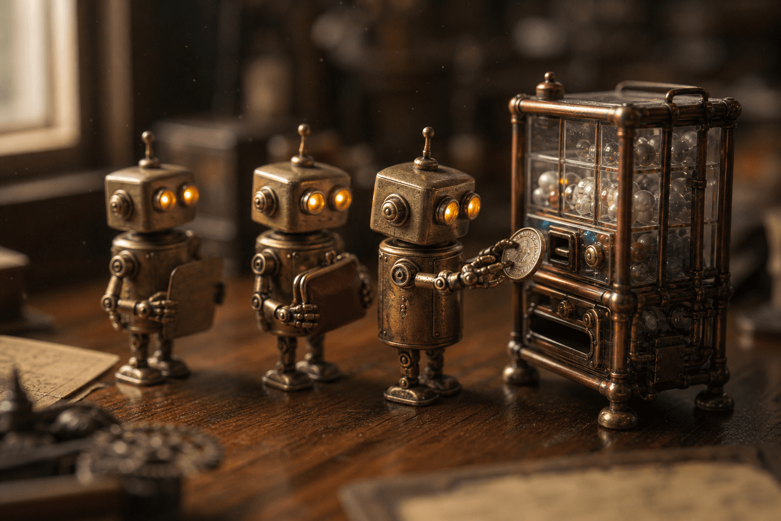 Tiny brass robots queue at a miniature vending machine, one inserting a coin while another holds a coin purse.