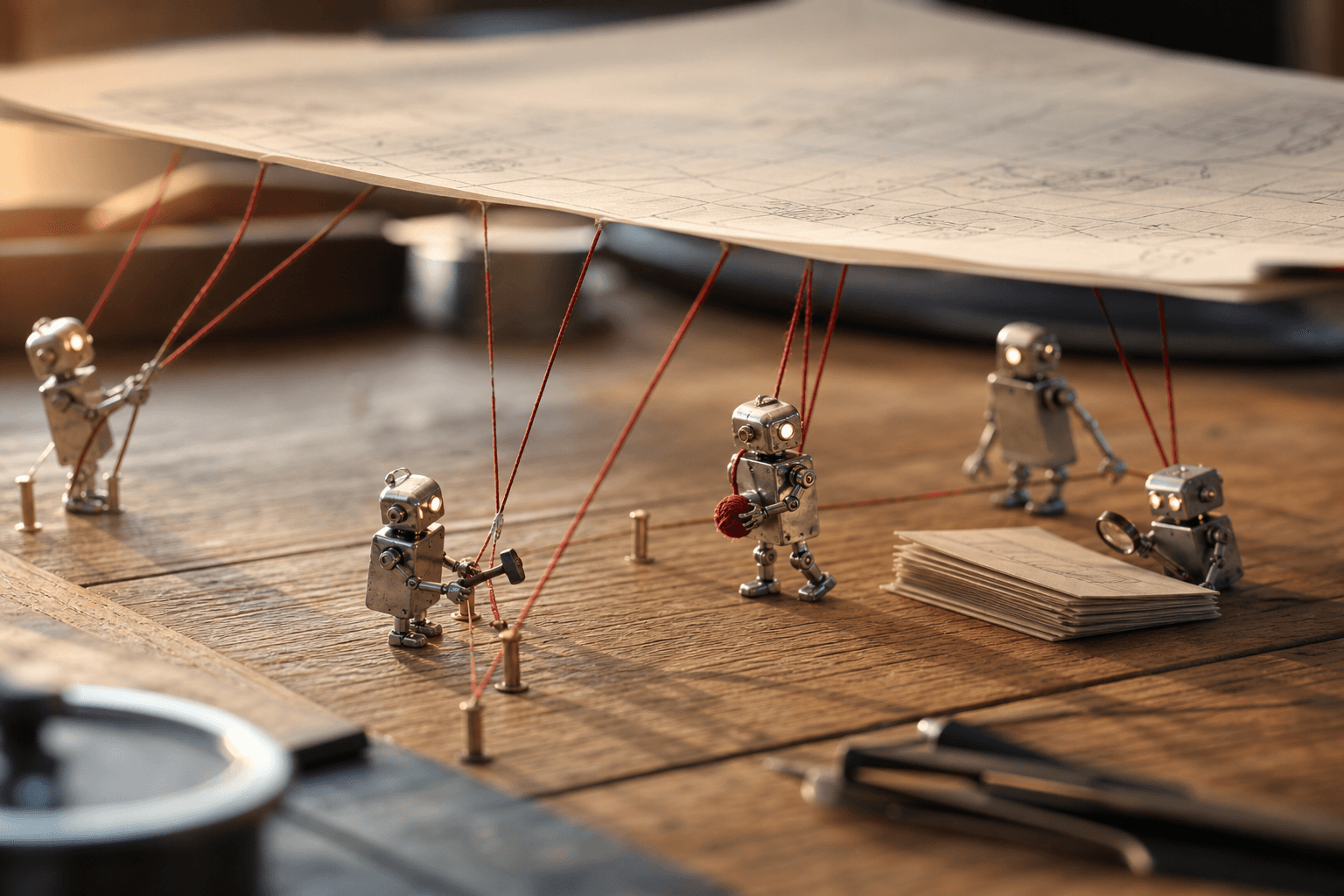 Tiny metal robots staking red threads to anchor a floating sheet of paper onto a wooden desk