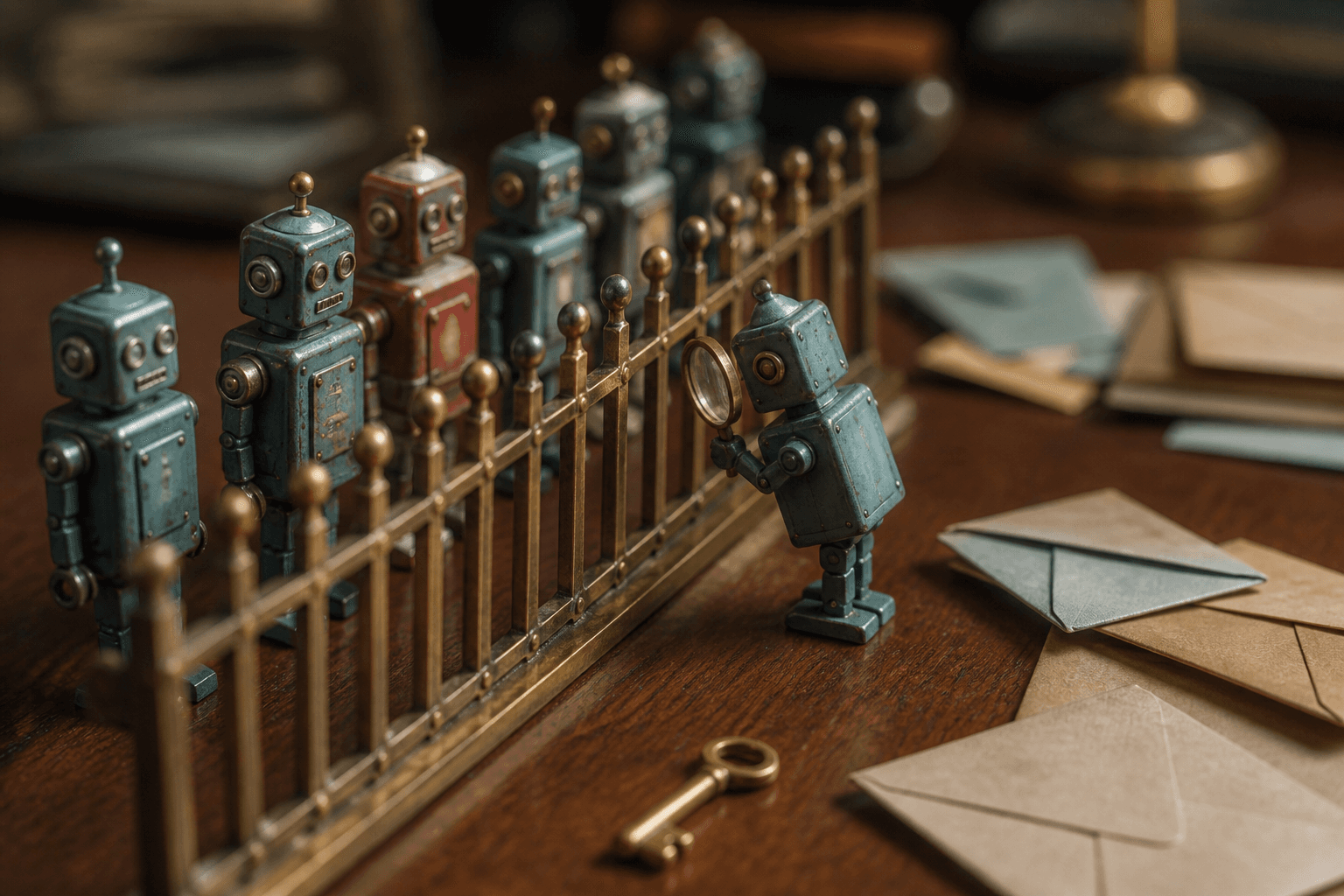 Tiny tin robots behind a small brass fence while one outside inspects it with a magnifying glass on a desk