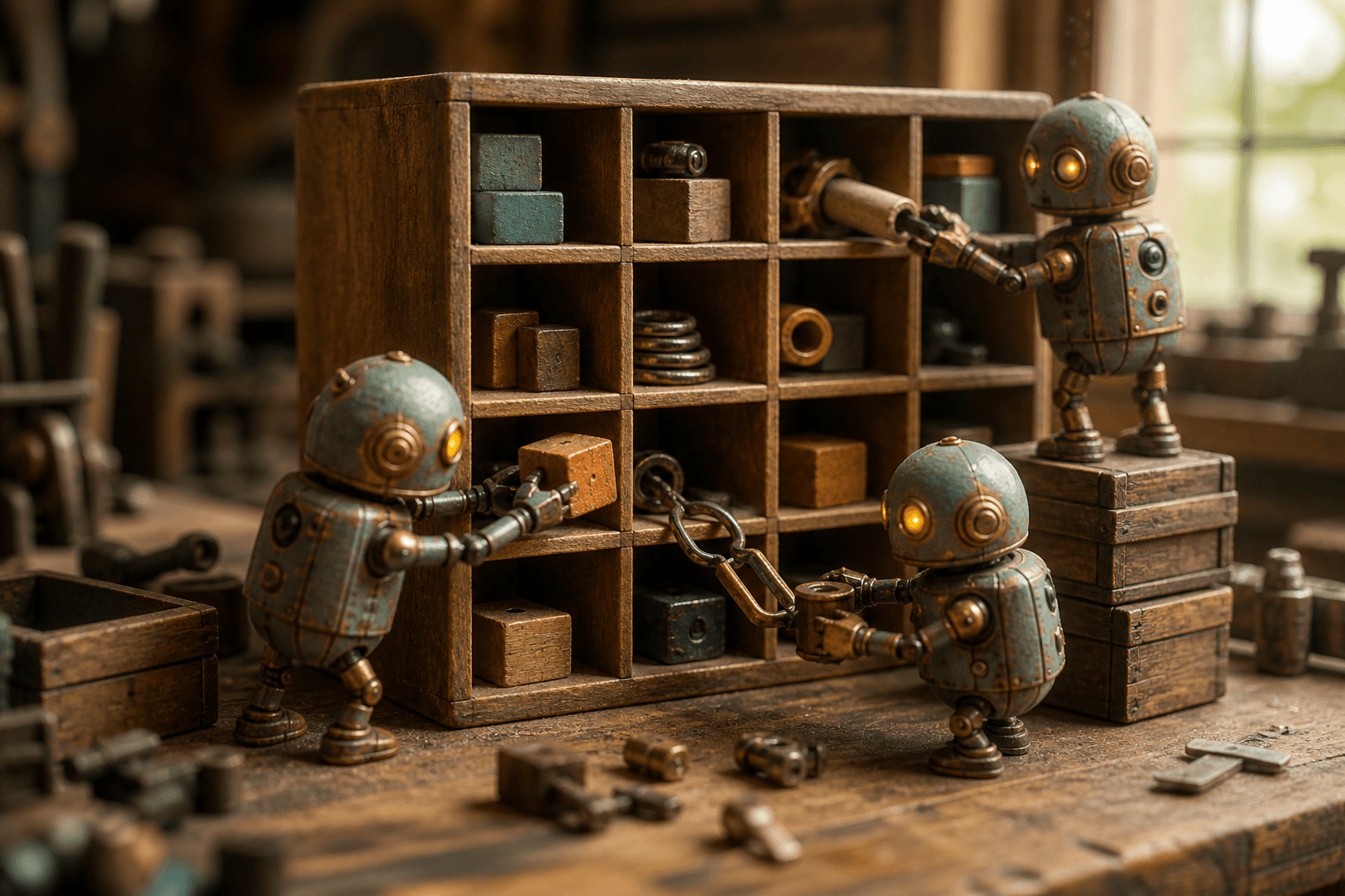Tiny retro robots on a workbench placing small blocks and scrolls into a wooden grid of cubbyholes.