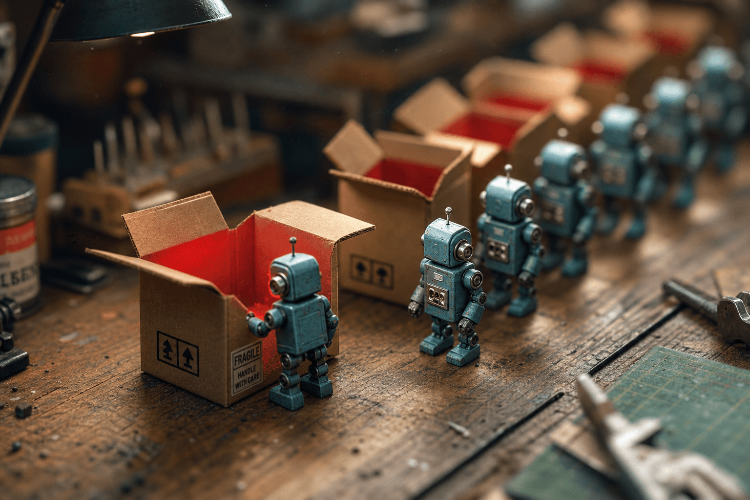 A tiny toy robot peering into a small glowing red package box while others march toward more boxes on a workbench.