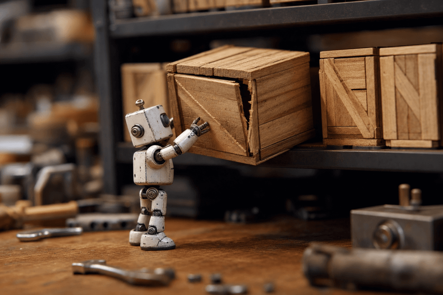 A tiny robot reaching for a poorly-built hollow crate on a workshop shelf beside solid genuine crates.