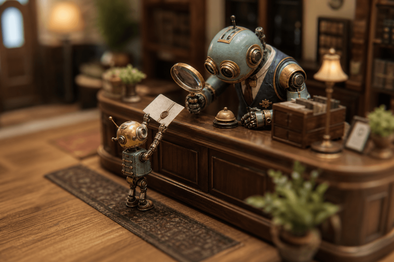 A tiny robot presenting a wax-sealed paper slip to a larger robot clerk inspecting it with a magnifying glass at a desk.