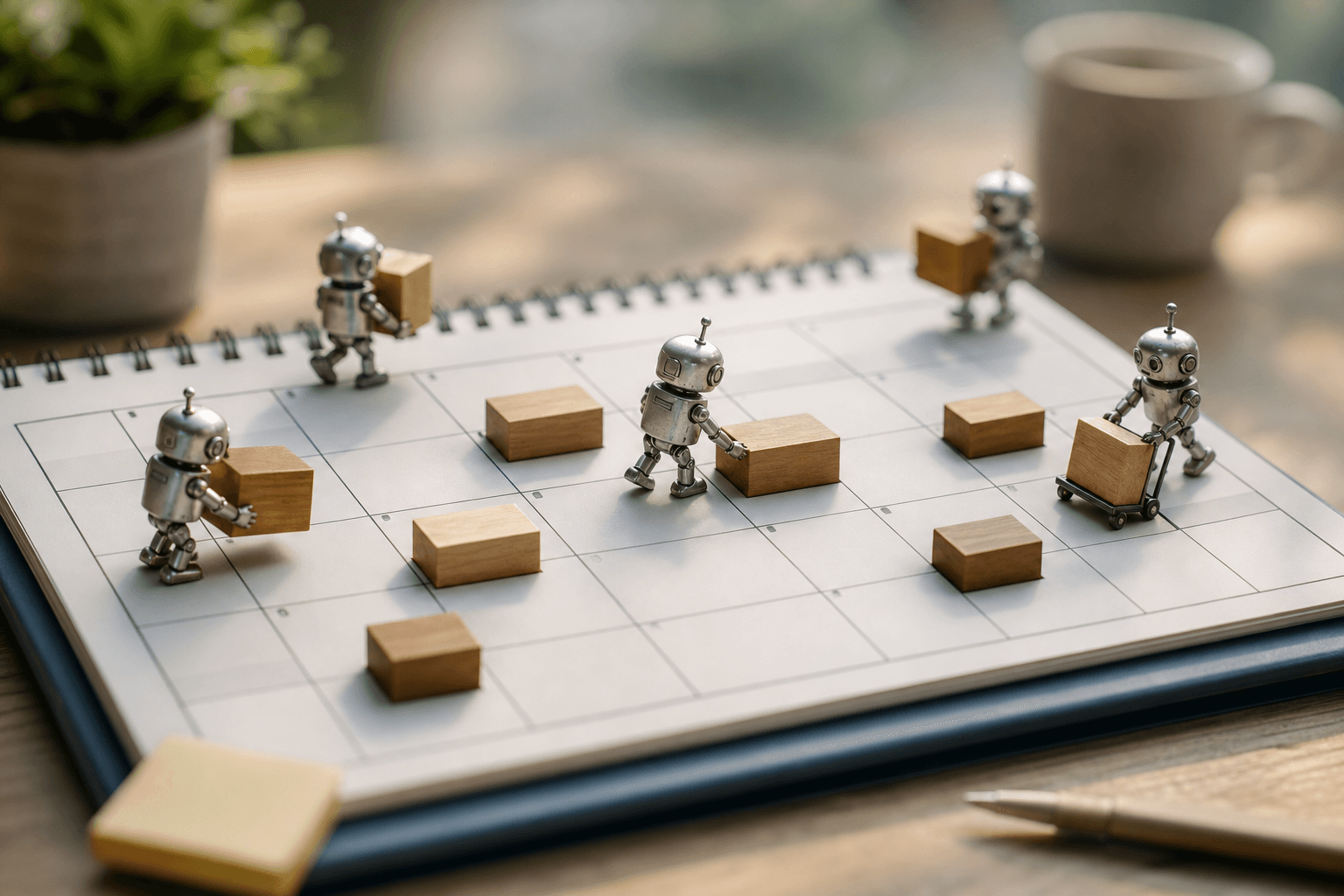 Tiny silver robots arranging wooden blocks across the grid squares of a large physical calendar.