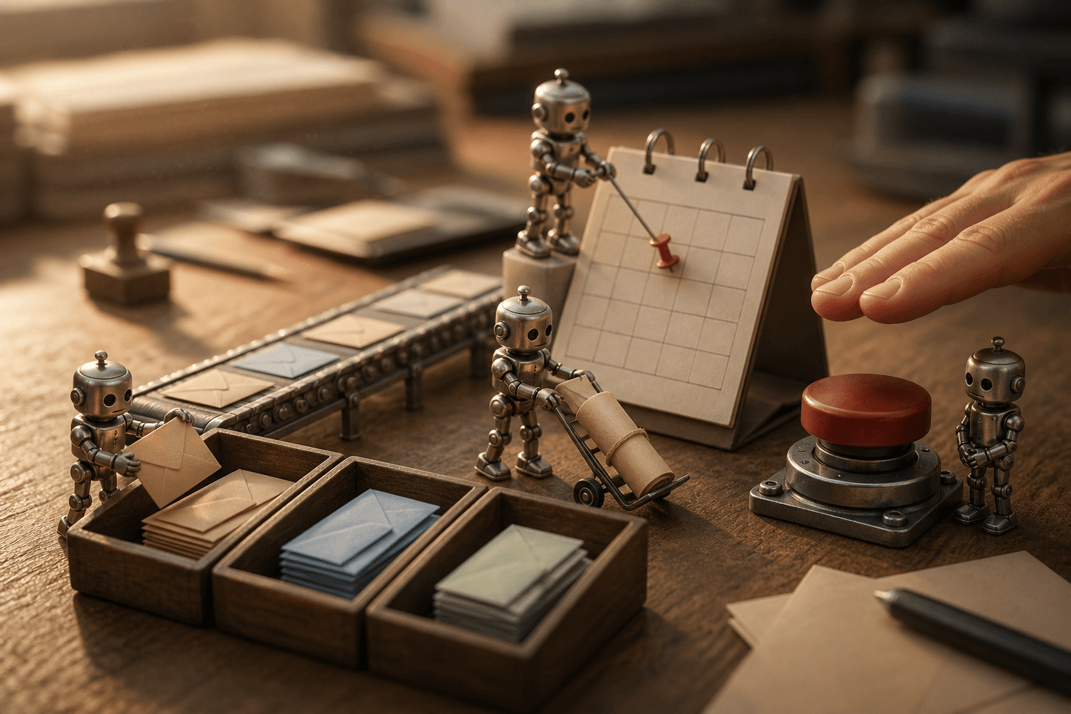 Tiny metal robots sorting envelopes and pinning a calendar while a human hand hovers over a red approval button