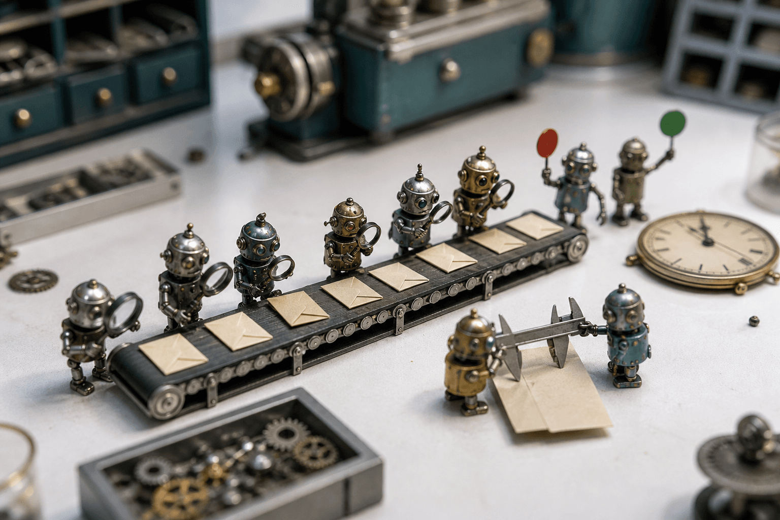 Tiny metal robots inspecting miniature envelopes, a folded document, and a clock face on a white workbench