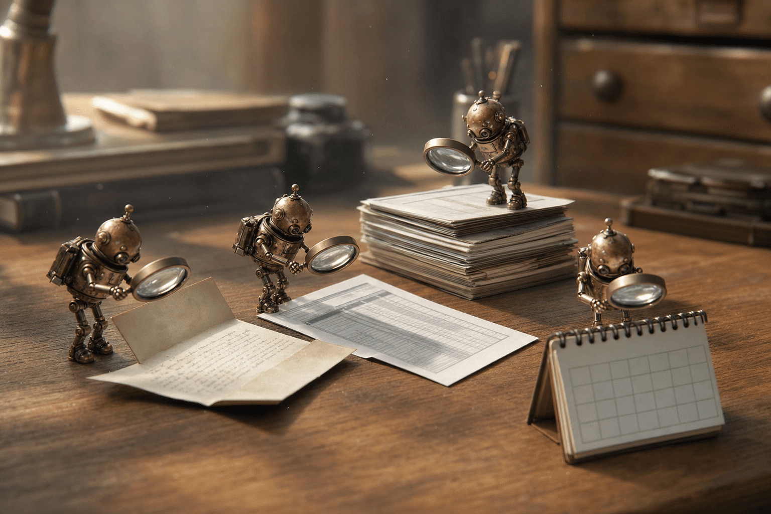 Tiny brass robots on a wooden desk inspecting a letter, spreadsheet, documents, and calendar with magnifying glasses.