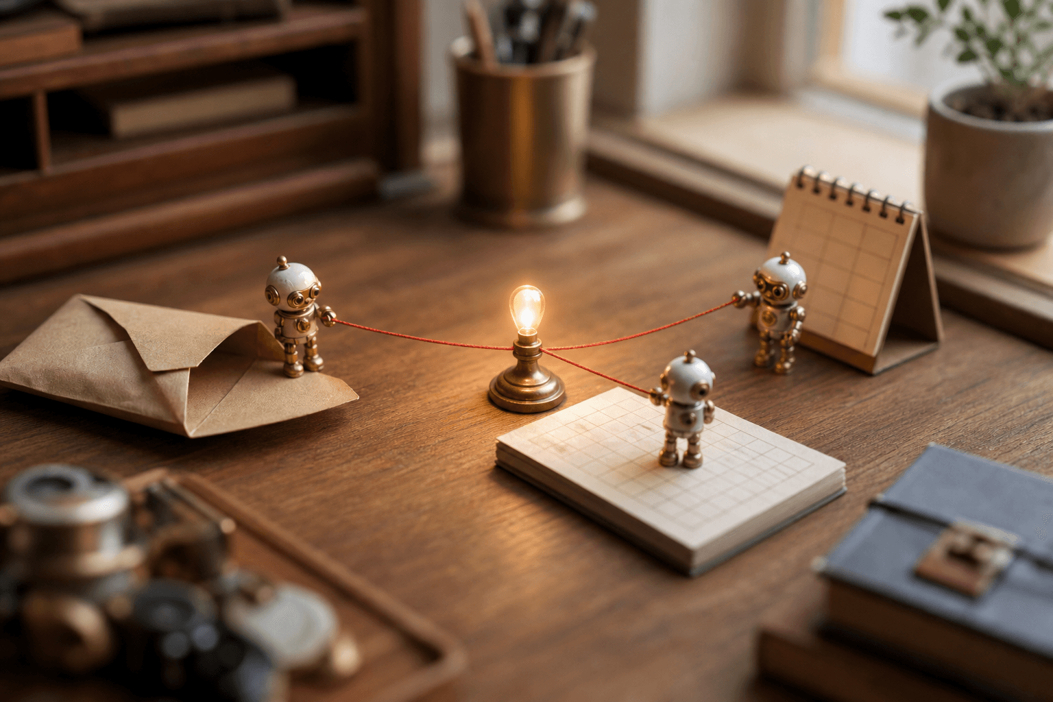 Three tiny robots on a desk connected by red threads to a central lamp, standing on an envelope, a ledger, and a calenda