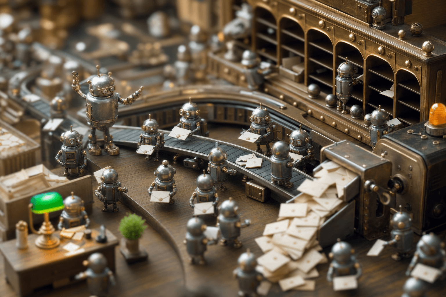 Tiny robots sorting paper envelopes on a miniature desk mail station, one pausing an overflowing chute of mail.