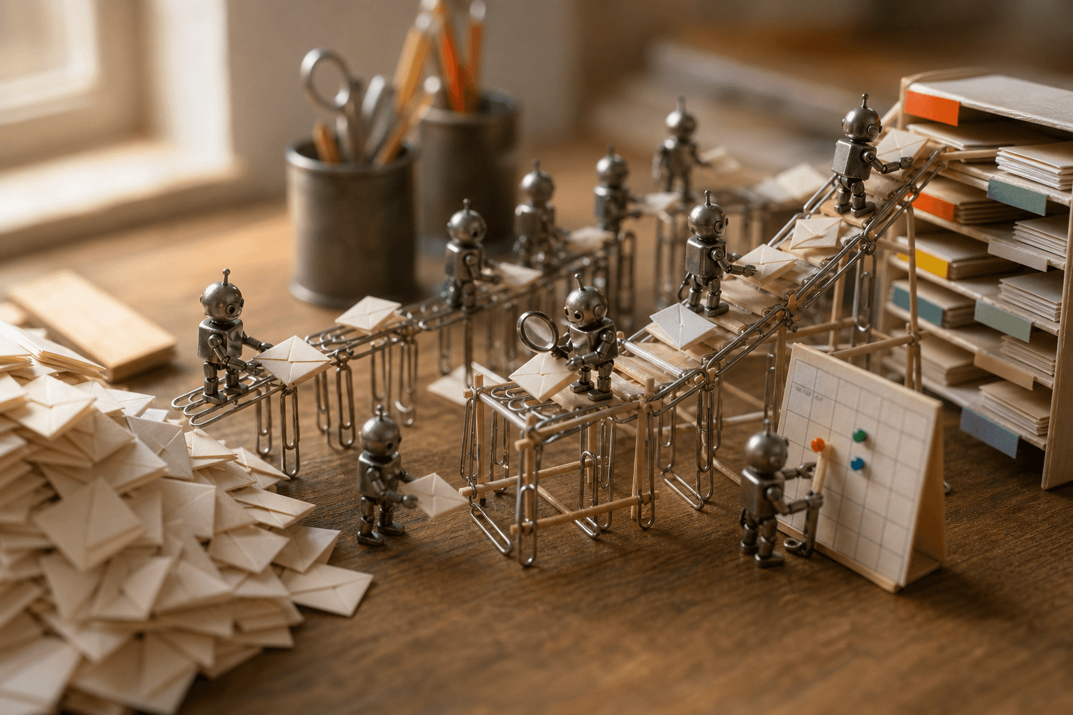 Tiny metal robots on a desk sorting folded paper envelopes along a matchstick conveyor into neat stacks