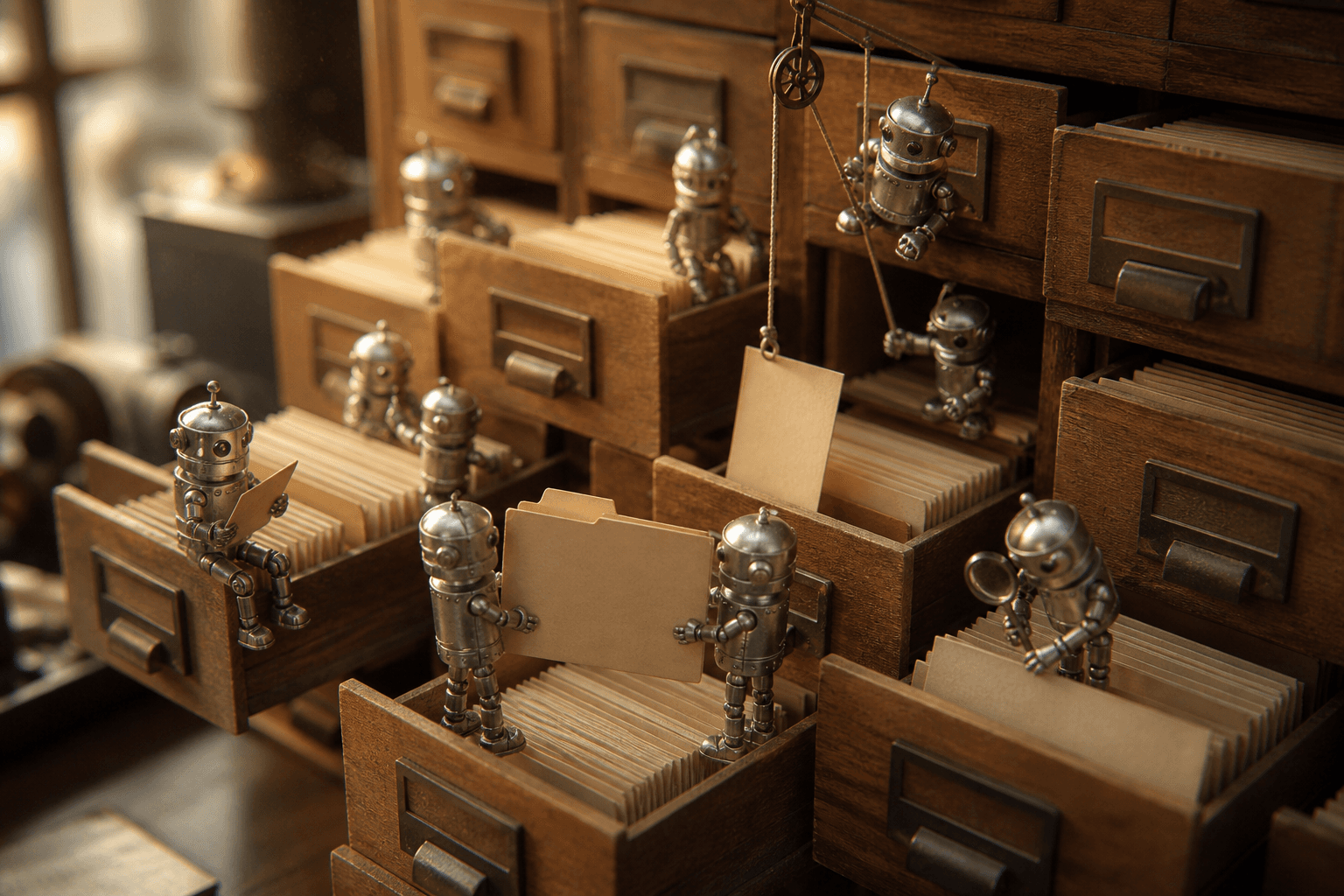 Tiny metal robots sorting folders and index cards inside the open drawers of a wooden card catalog cabinet