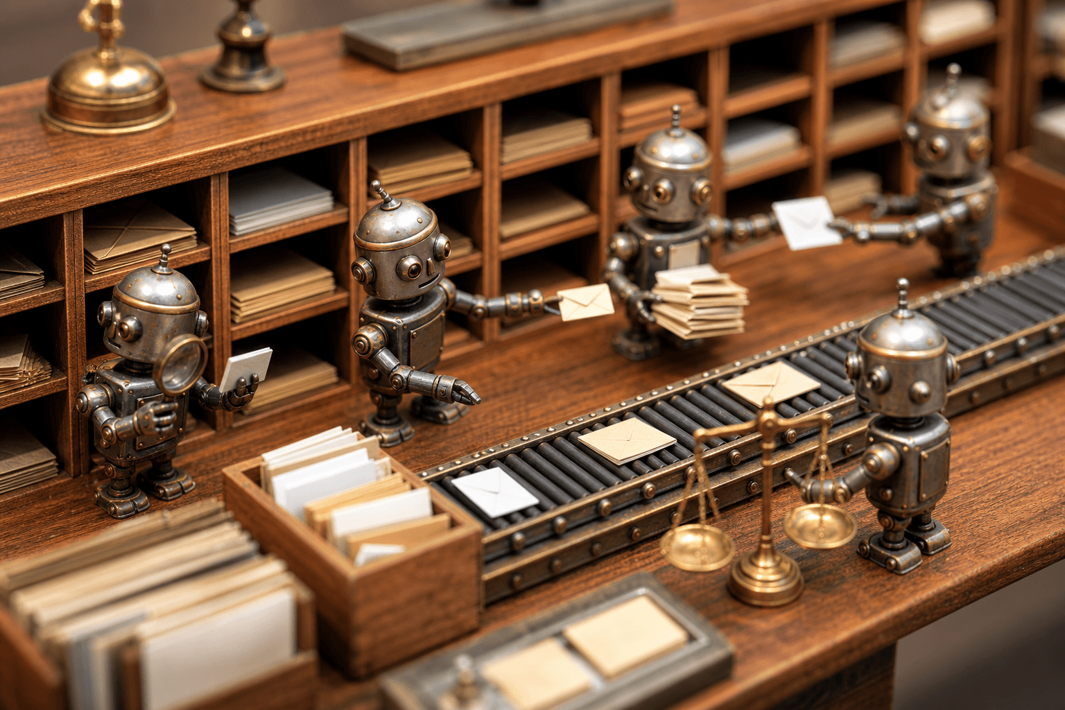 Tiny metal toy robots at a sorting desk passing envelopes and cards into different cubbyholes along a conveyor belt.