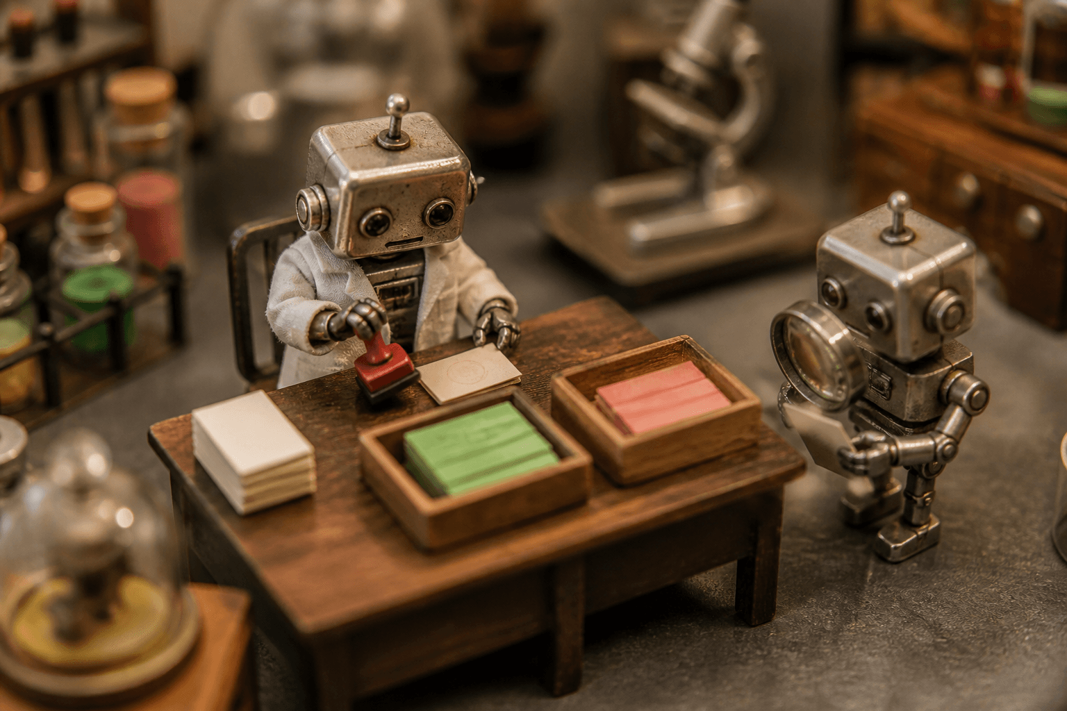 Tiny tin robots at a miniature desk stamping and sorting small blank cards into two wooden trays.