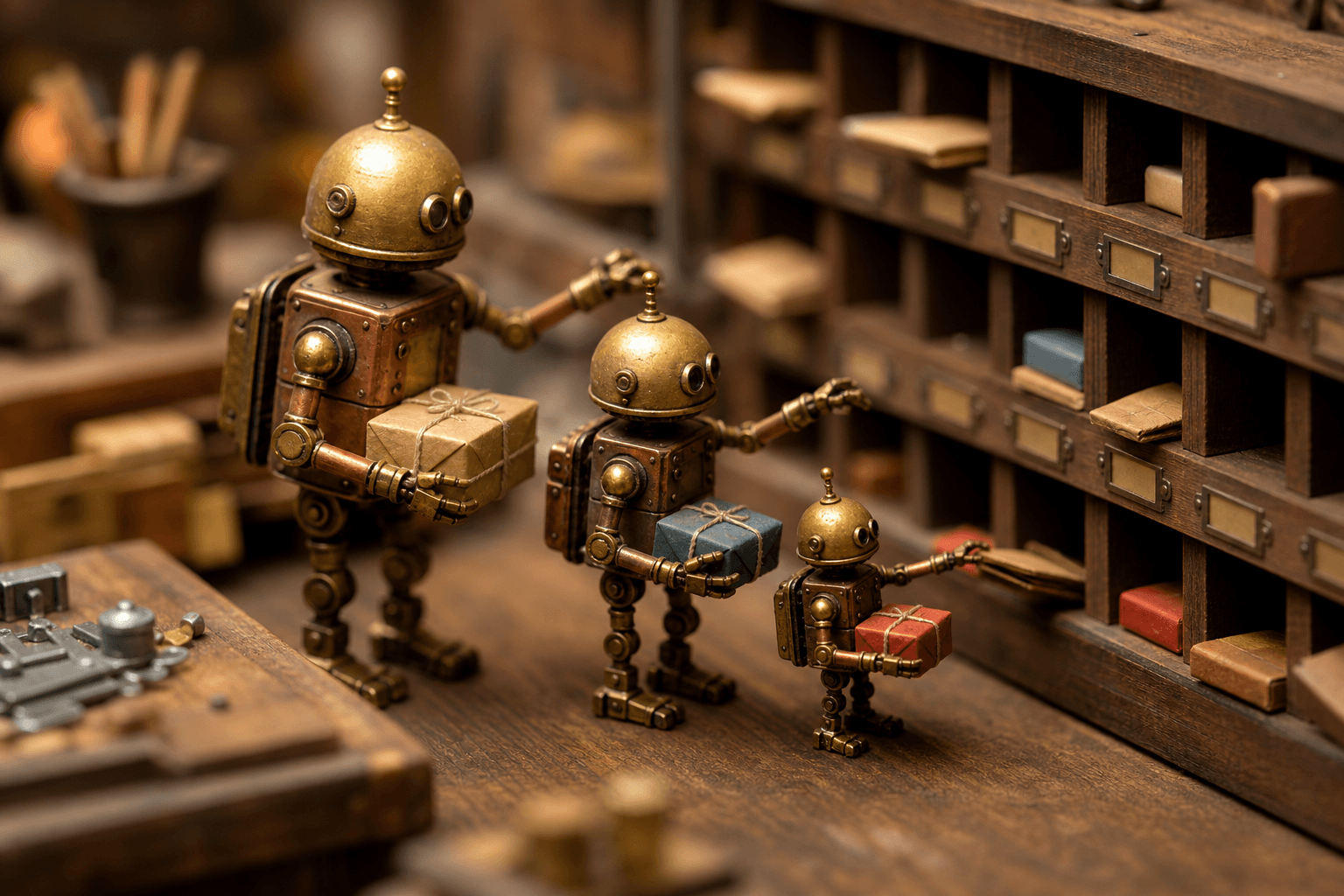 Three tiny metal robots of different sizes sorting colored parcels into slots on a small wooden table.