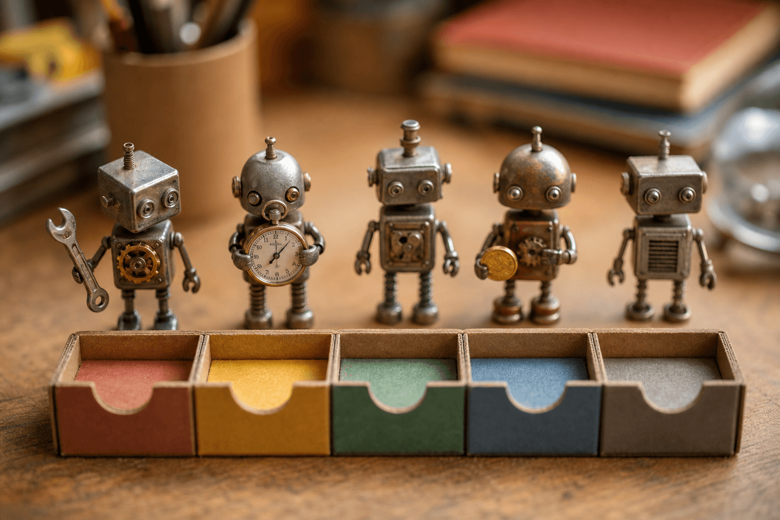 Five tiny robots on a desk sorting into slots of a small box, each holding a distinct tool.
